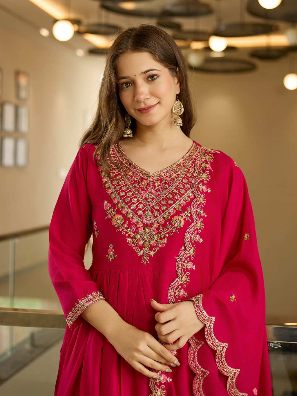 Women's Vichitra Silk Embroidered Flared Kurta with Rayon Pant And Vichitra Silk Embroidered Dupatta Sets