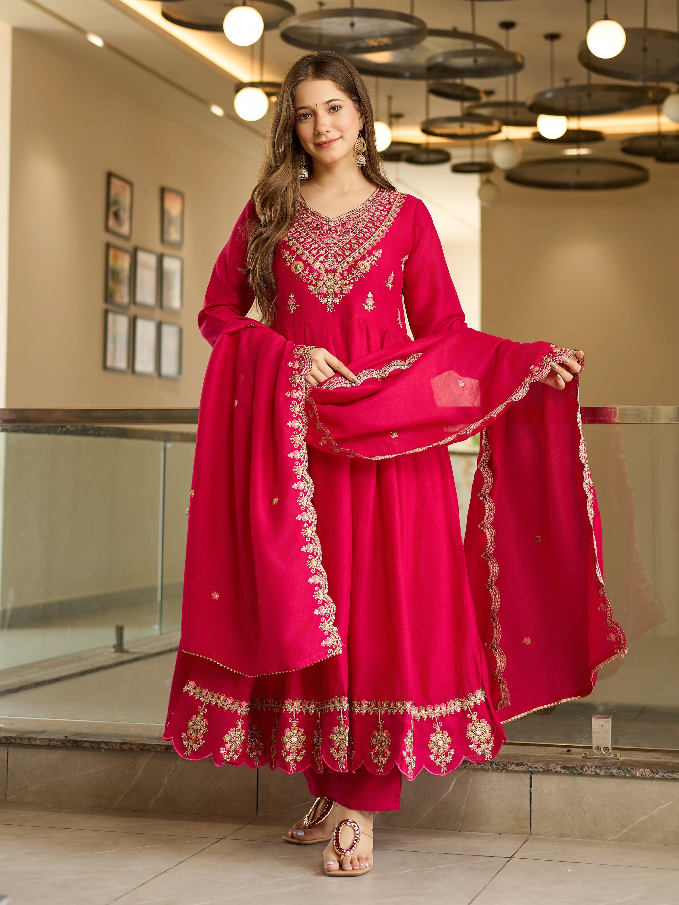 Women's Vichitra Silk Embroidered Flared Kurta with Rayon Pant And Vichitra Silk Embroidered Dupatta Sets