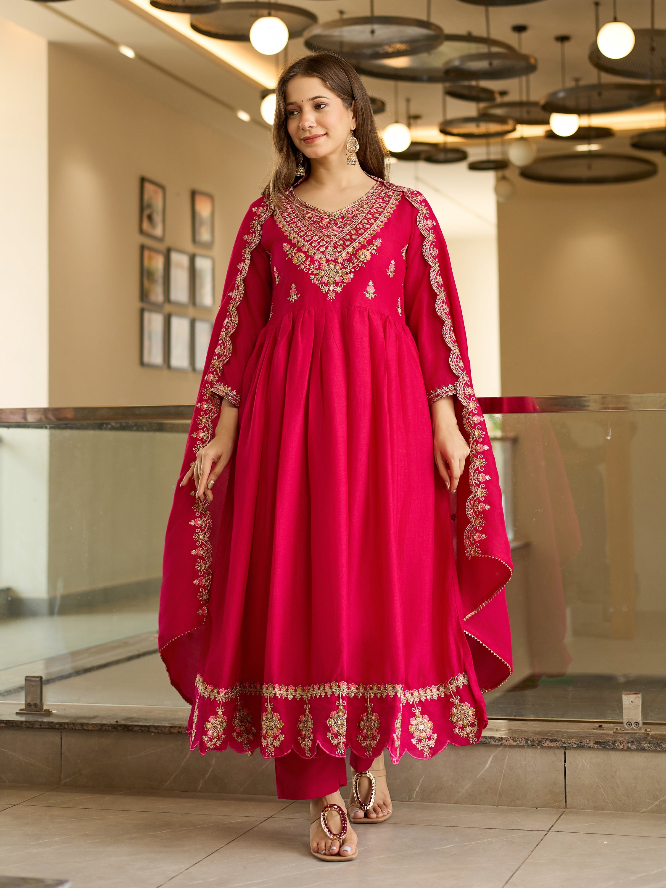 Women's Vichitra Silk Embroidered Flared Kurta with Rayon Pant And Vichitra Silk Embroidered Dupatta Sets