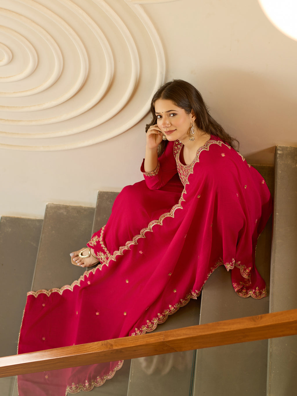 Women's Vichitra Silk Embroidered Flared Kurta with Rayon Pant And Vichitra Silk Embroidered Dupatta Sets