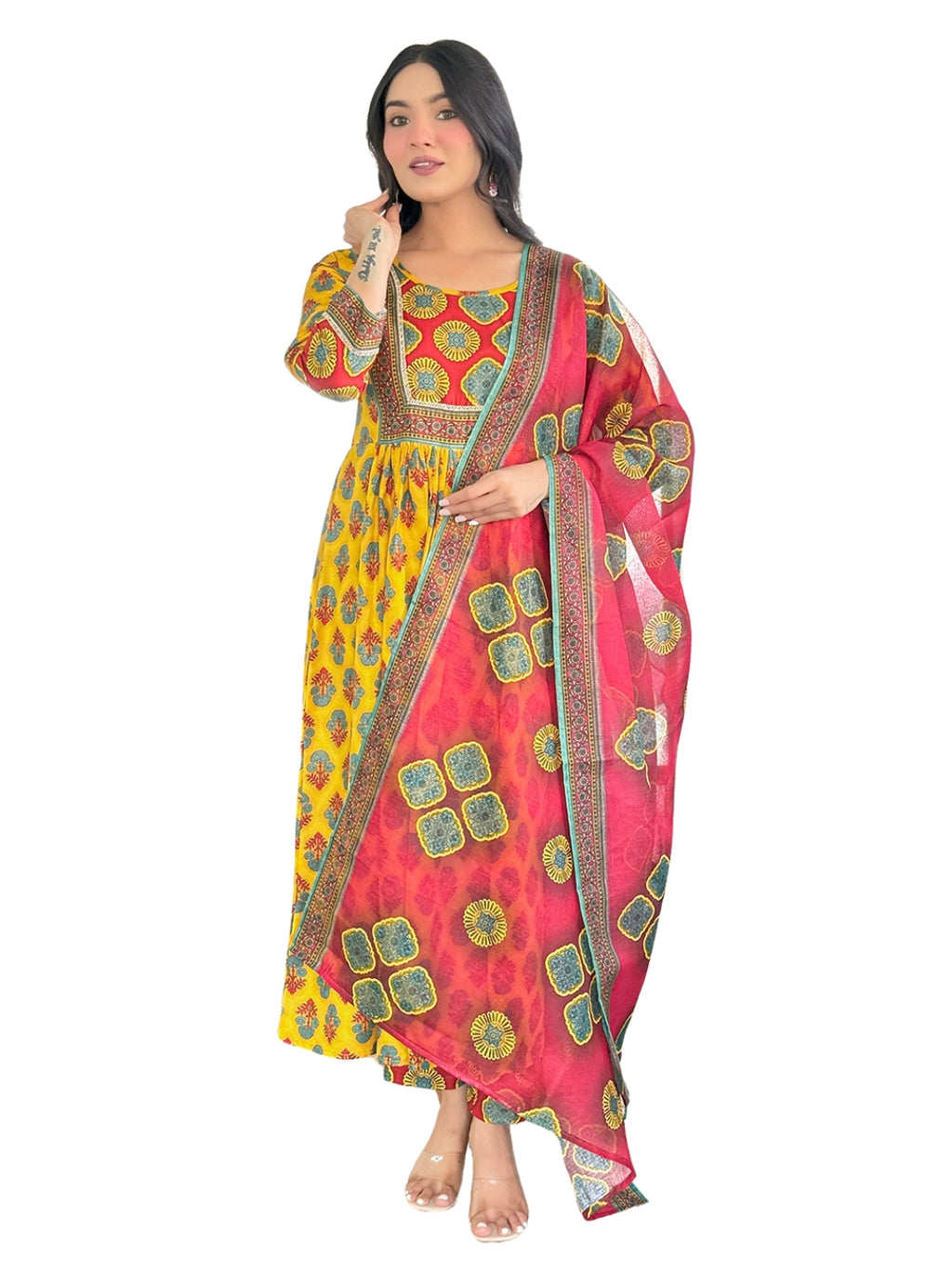 Women's Rayon Printed Flared Kurta with Rayon Pant And Linen Printed Dupatta Sets