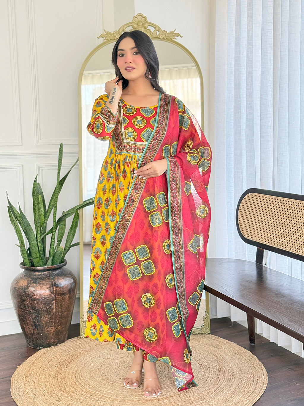 Women's Rayon Printed Flared Kurta with Rayon Pant And Linen Printed Dupatta Sets