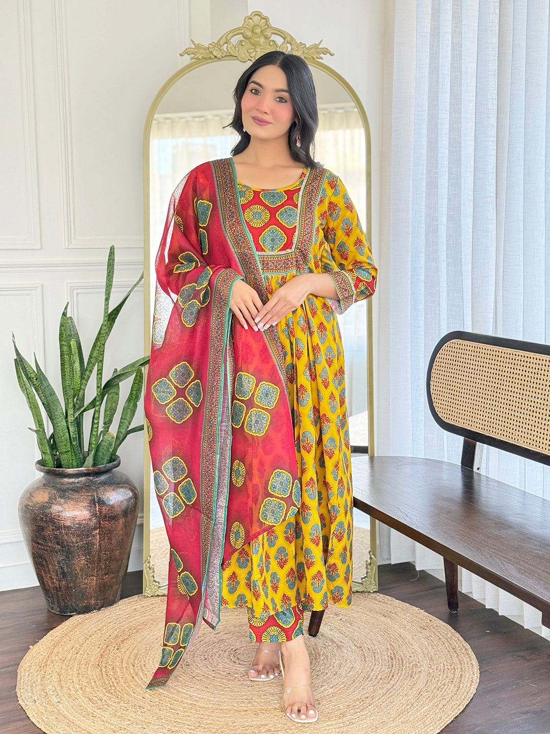 Women's Rayon Printed Flared Kurta with Rayon Pant And Linen Printed Dupatta Sets