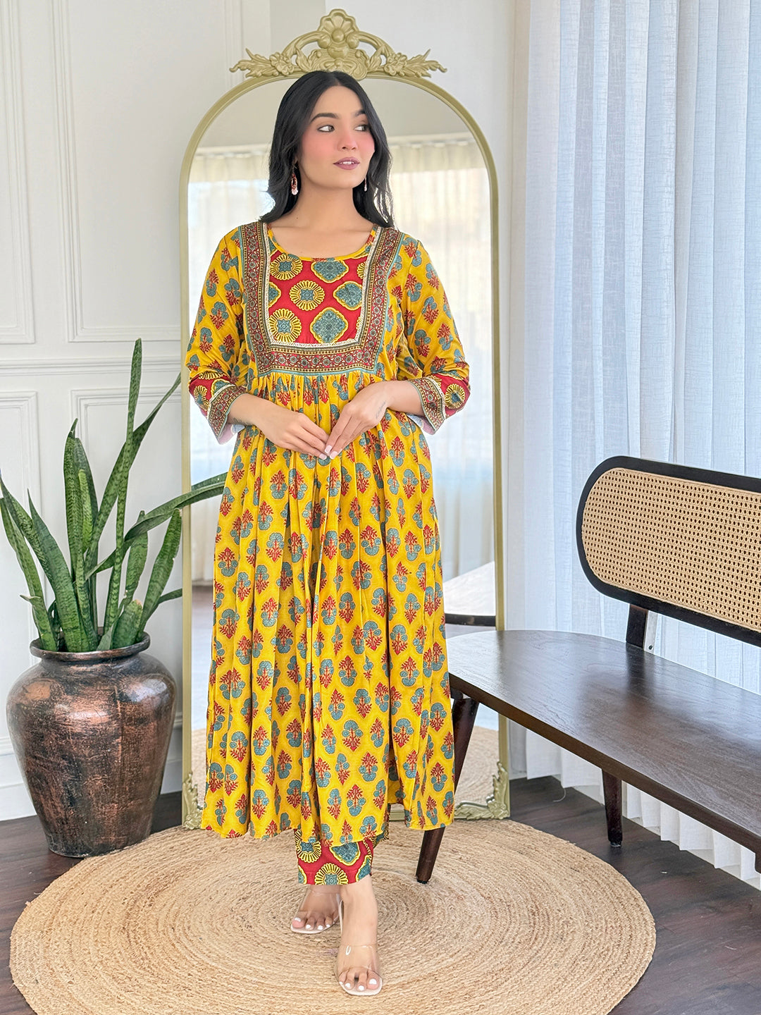 Women's Rayon Printed Flared Kurta with Rayon Pant And Linen Printed Dupatta Sets