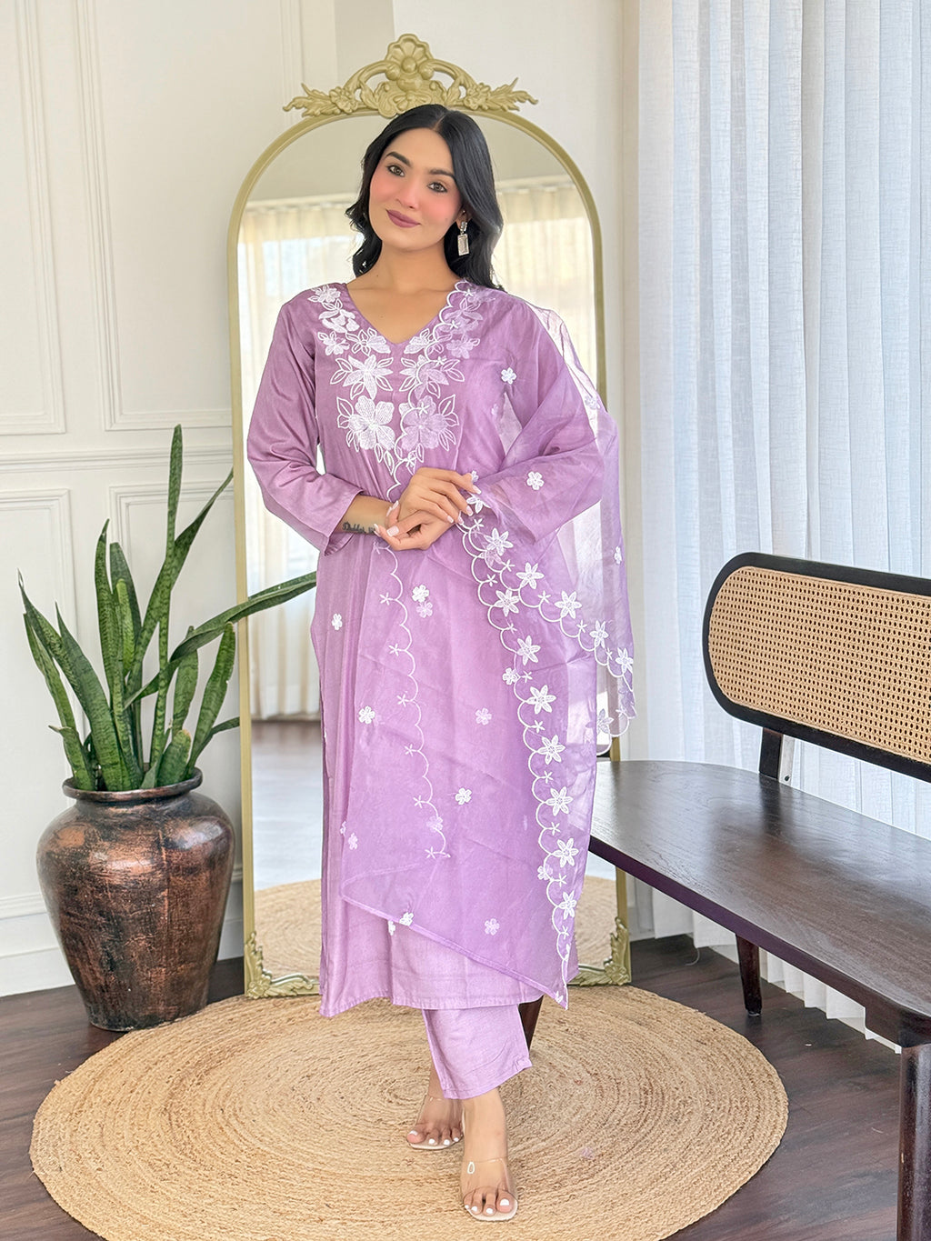 Women's Rayon Embroidered Straight Kurta with Pant And Dupatta Sets