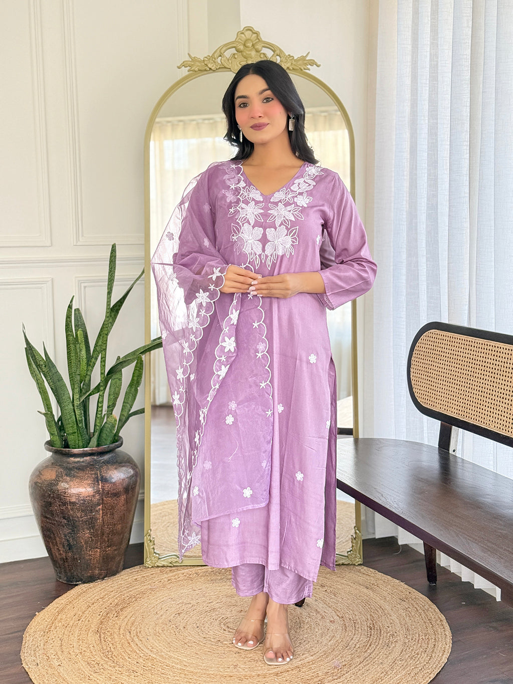 Women's Rayon Embroidered Straight Kurta with Pant And Dupatta Sets