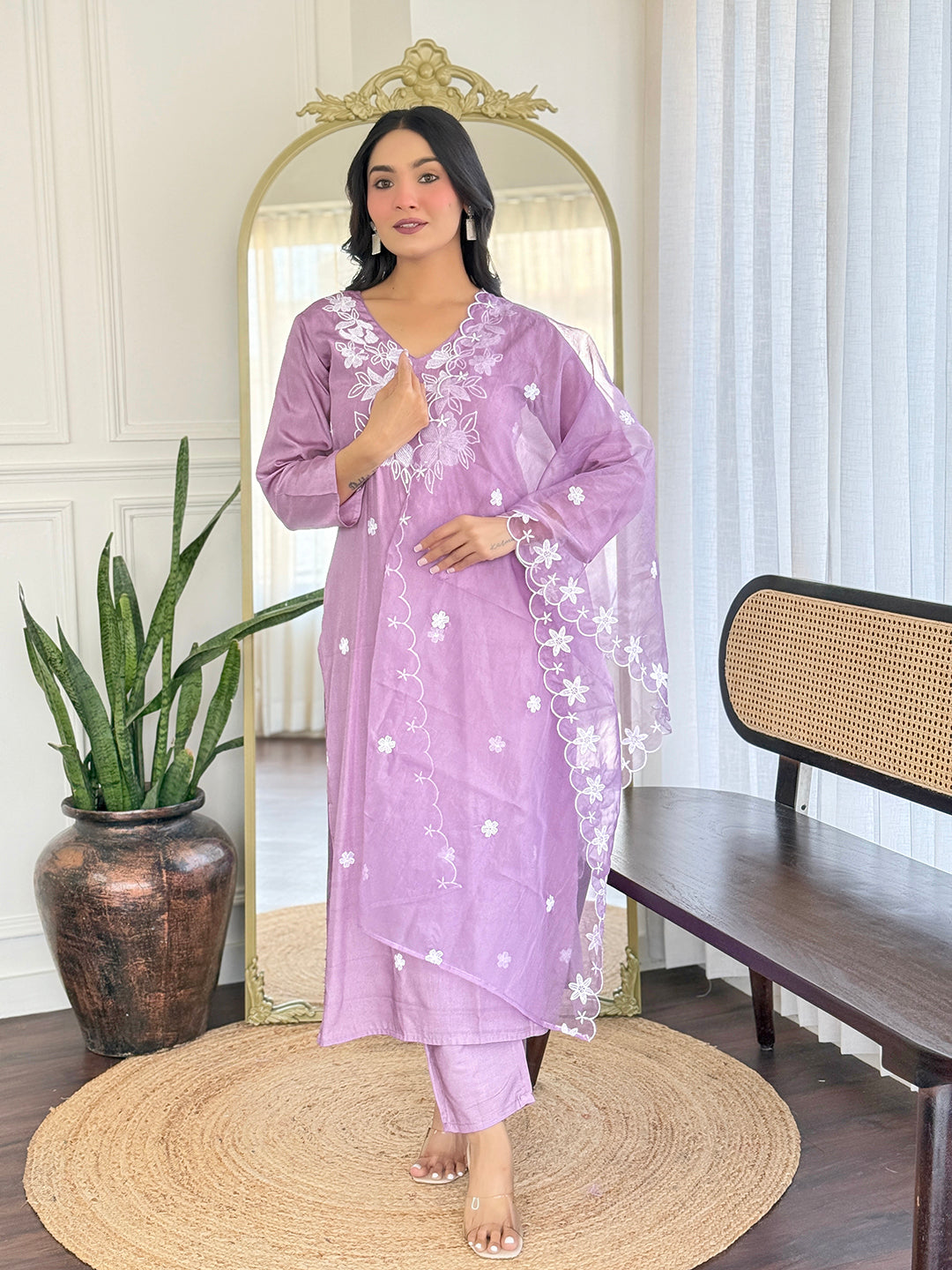 Women's Rayon Embroidered Straight Kurta with Pant And Dupatta Sets