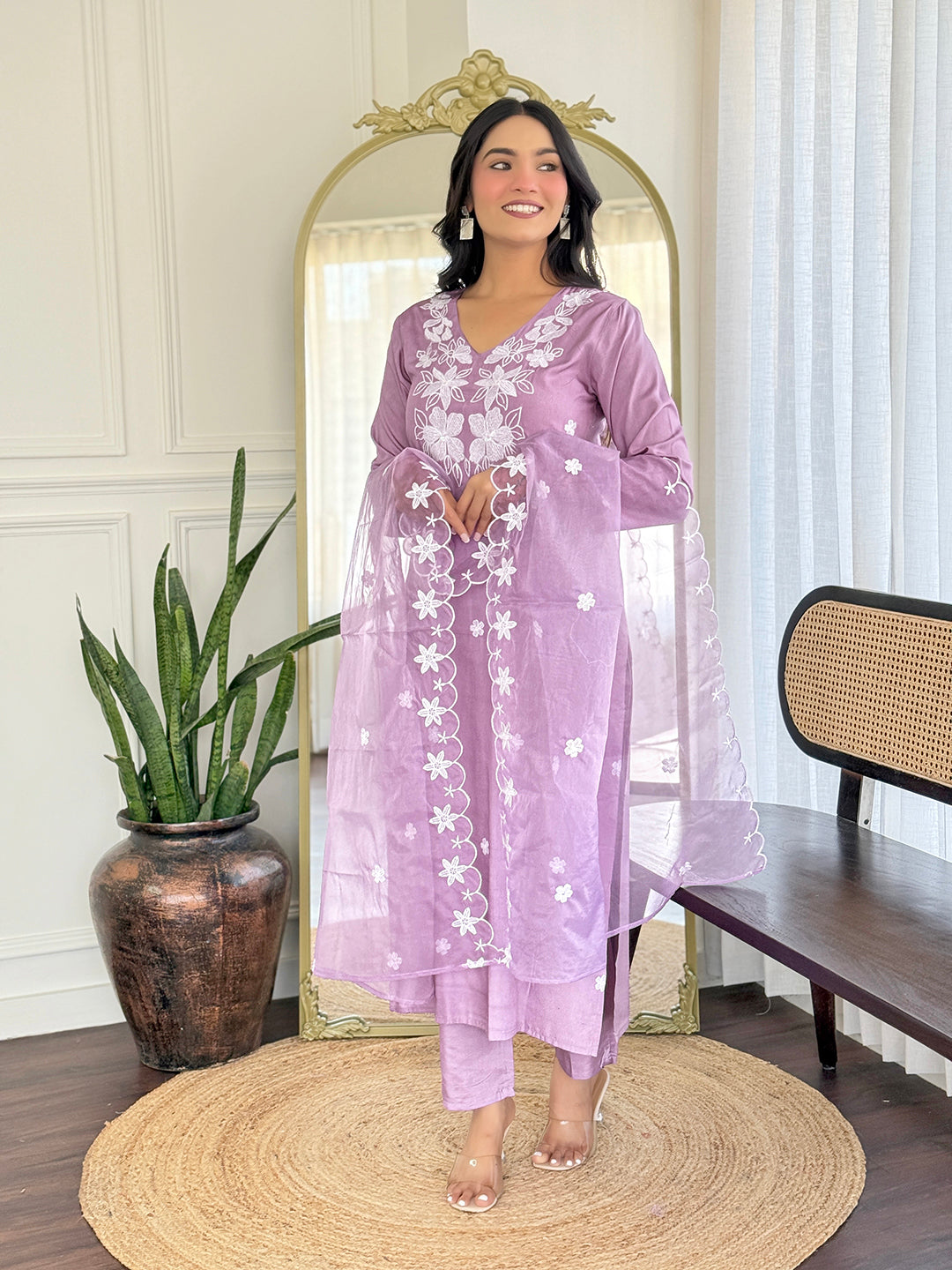 Women's Rayon Embroidered Straight Kurta with Pant And Dupatta Sets