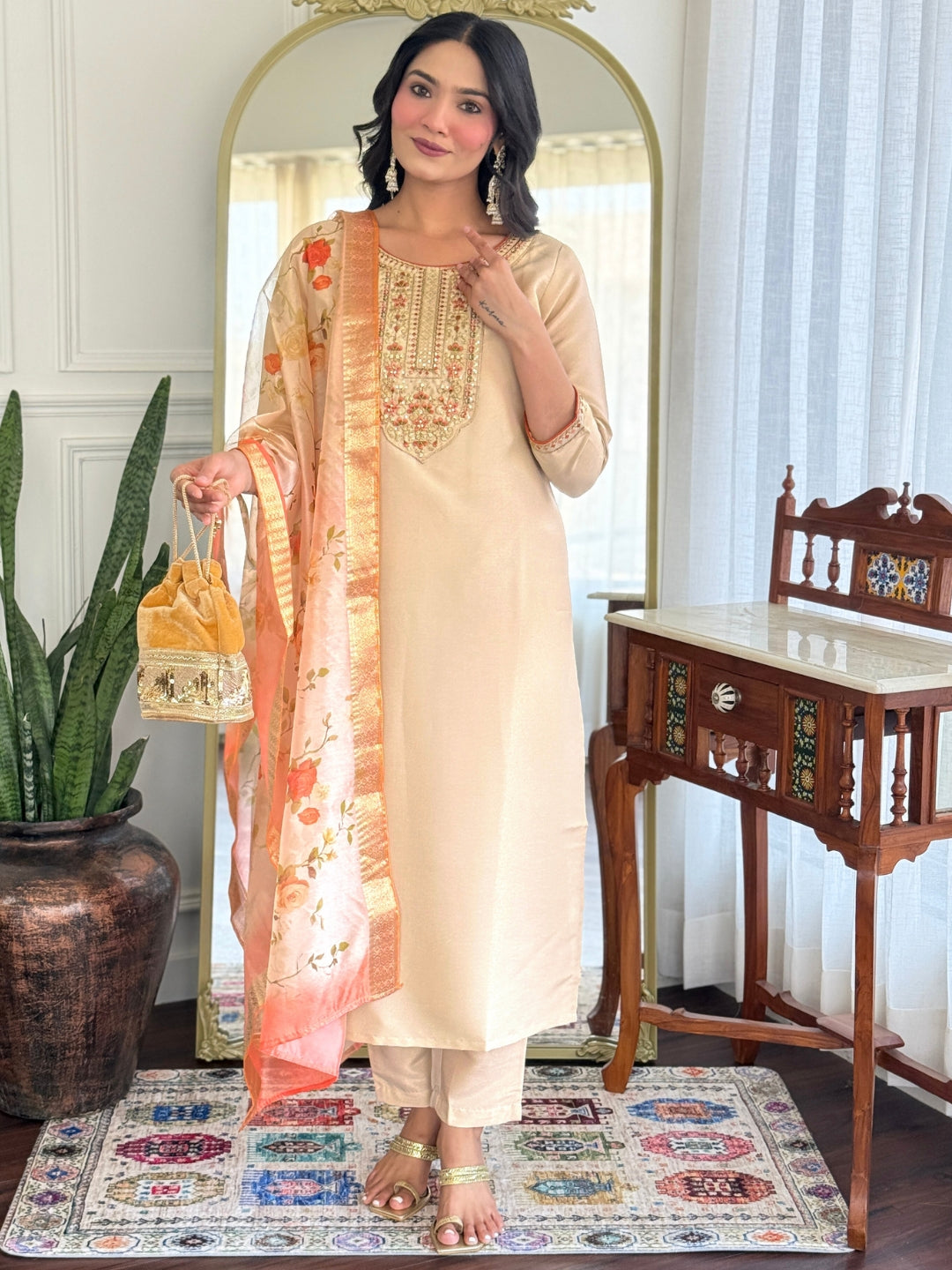 Women's Rayon simar Embroidered Straight Kurta with Pant And Dupatta Sets