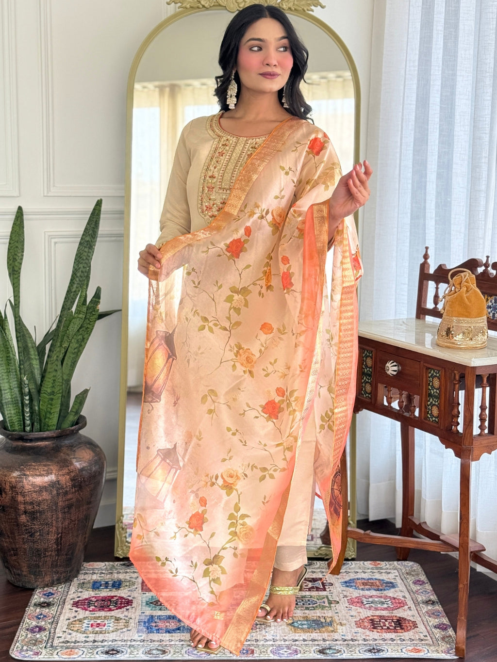 Women's Rayon simar Embroidered Straight Kurta with Pant And Dupatta Sets