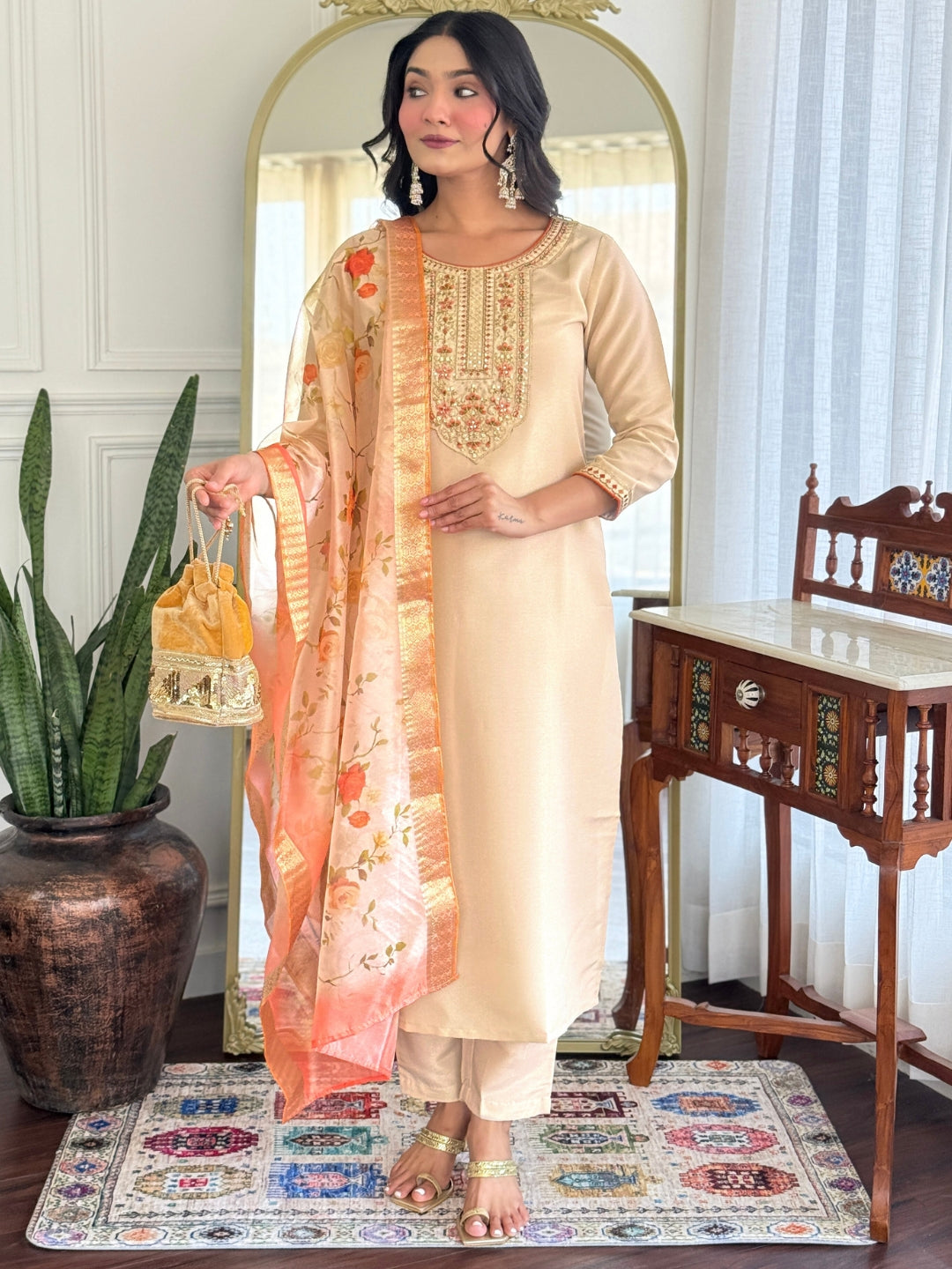 Women's Rayon simar Embroidered Straight Kurta with Pant And Dupatta Sets
