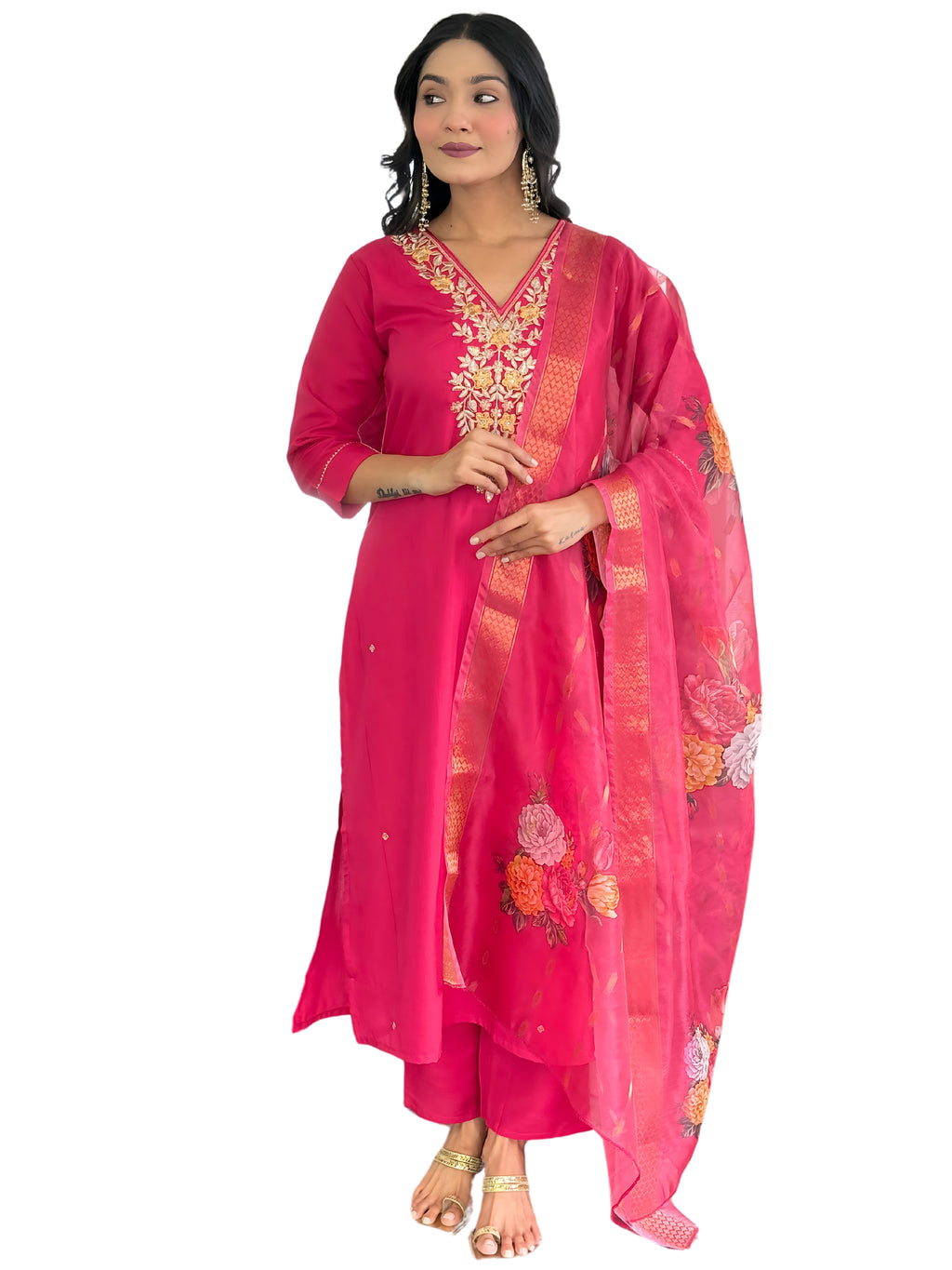 Women's Rayon Slub Embroidered Straight Kurta with Pant And Dupatta Sets