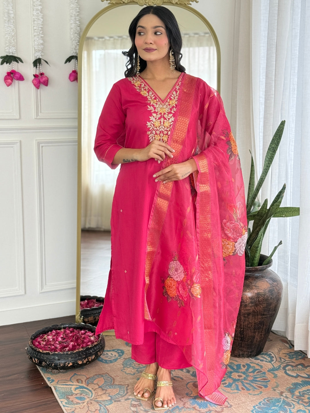 Women's Rayon Slub Embroidered Straight Kurta with Pant And Dupatta Sets