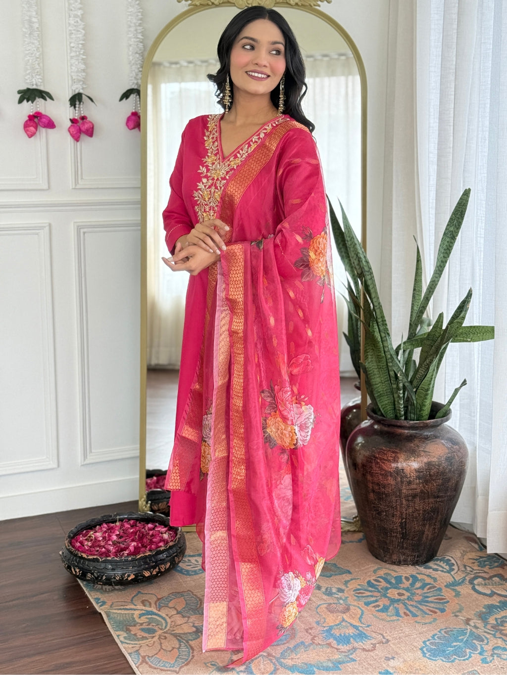 Women's Rayon Slub Embroidered Straight Kurta with Pant And Dupatta Sets