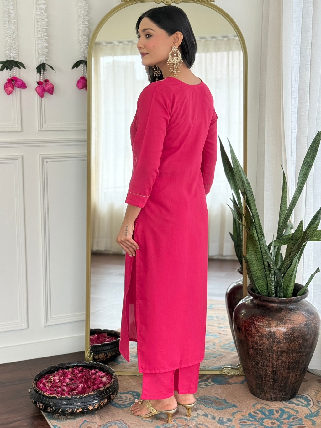 Women's Rayon Slub Embroidered Straight Kurta with Pant And Dupatta Sets