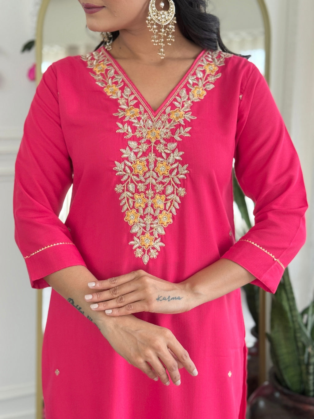 Women's Rayon Slub Embroidered Straight Kurta with Pant And Dupatta Sets