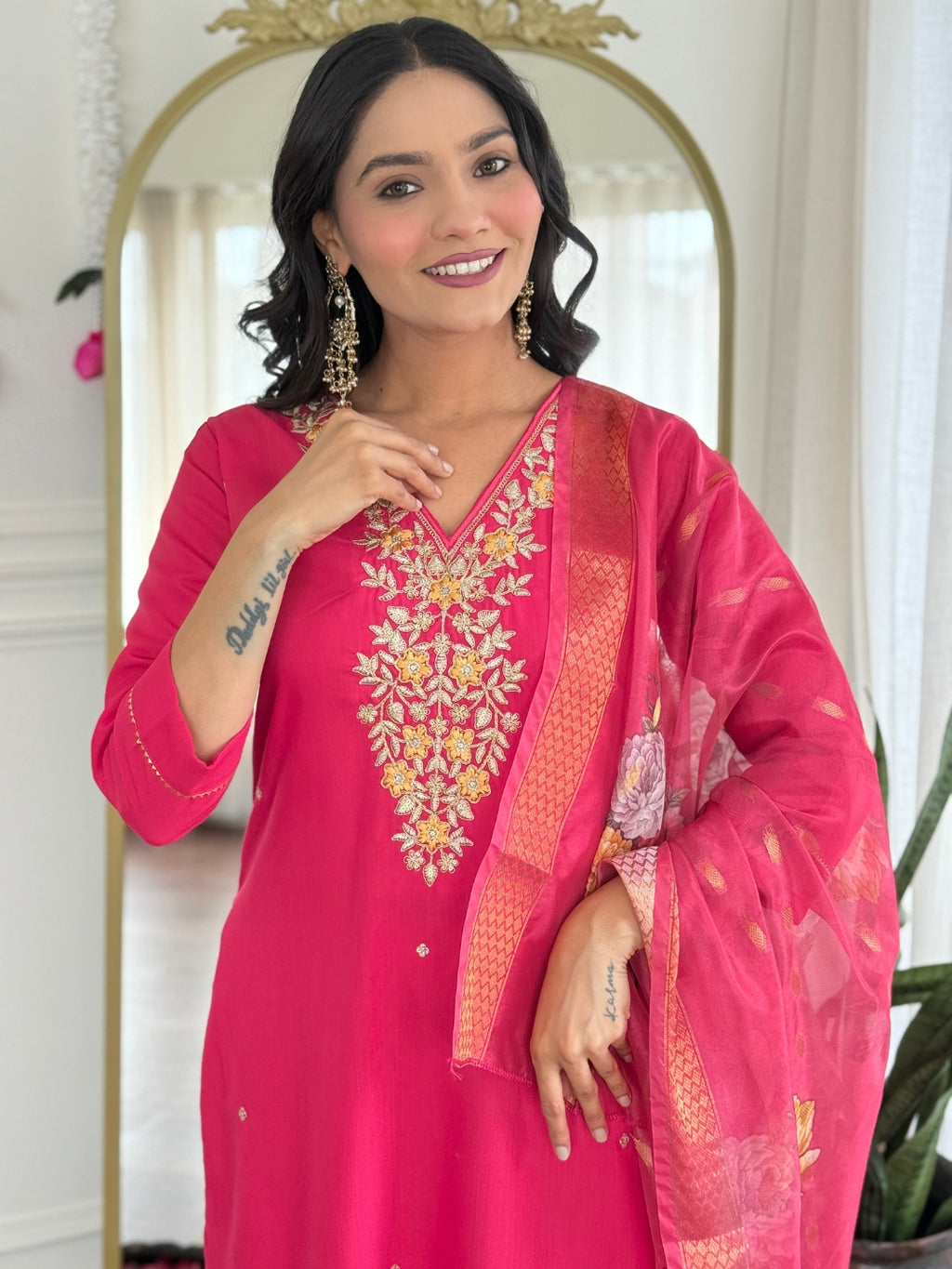 Women's Rayon Slub Embroidered Straight Kurta with Pant And Dupatta Sets