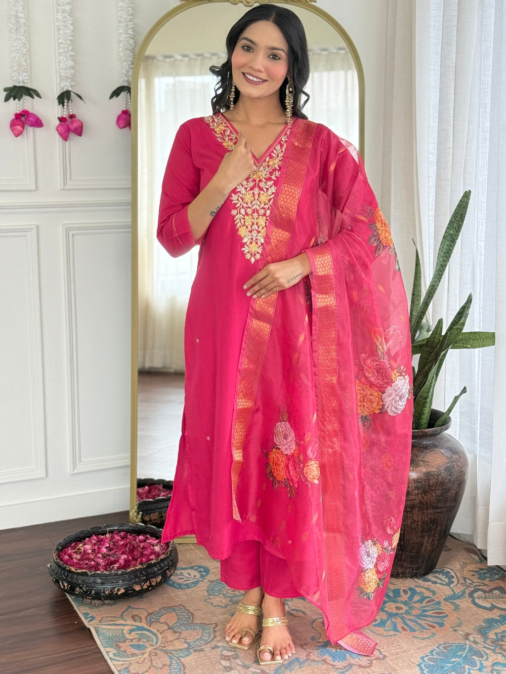 Women's Rayon Slub Embroidered Straight Kurta with Pant And Dupatta Sets