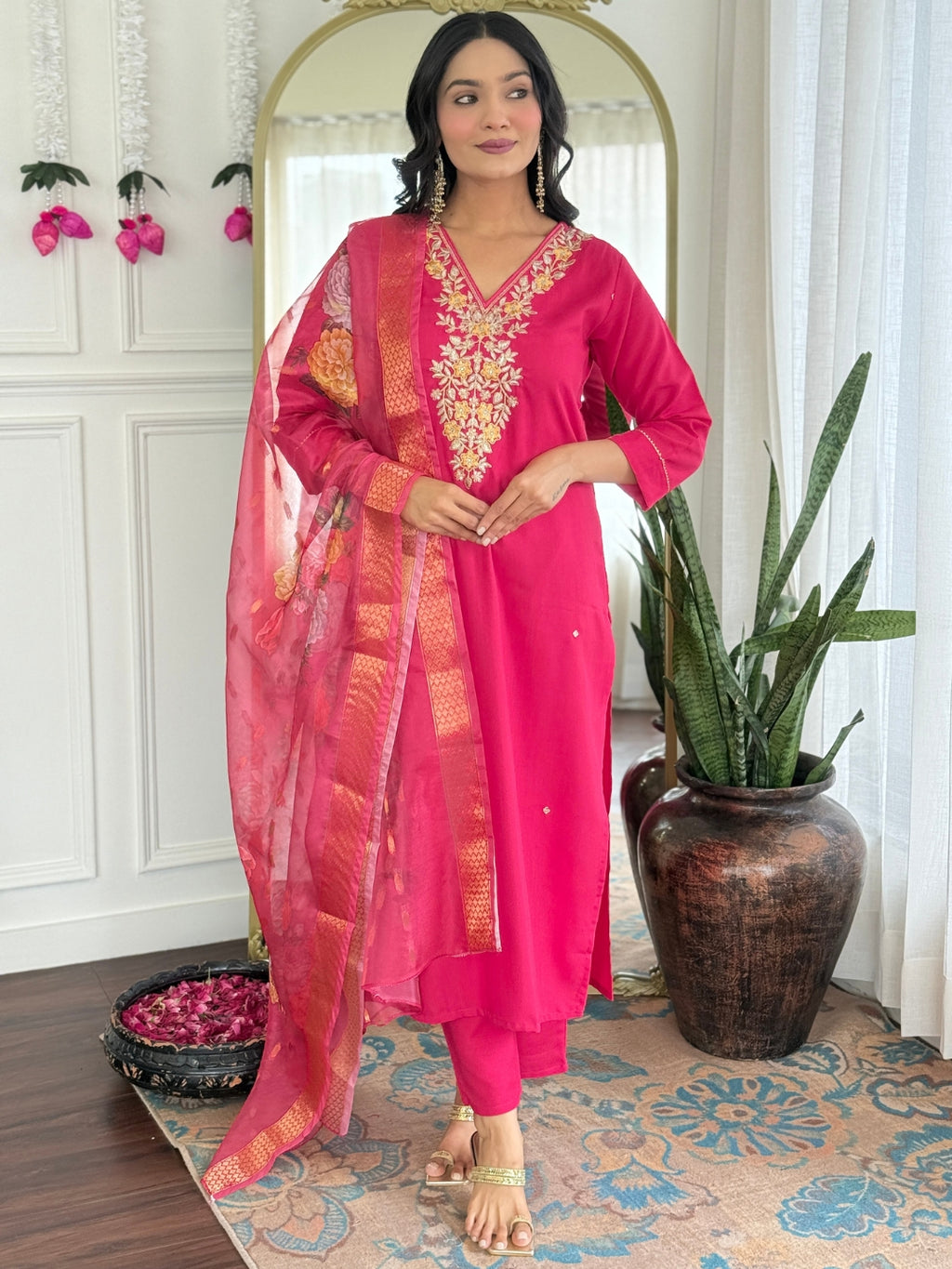 Women's Rayon Slub Embroidered Straight Kurta with Pant And Dupatta Sets