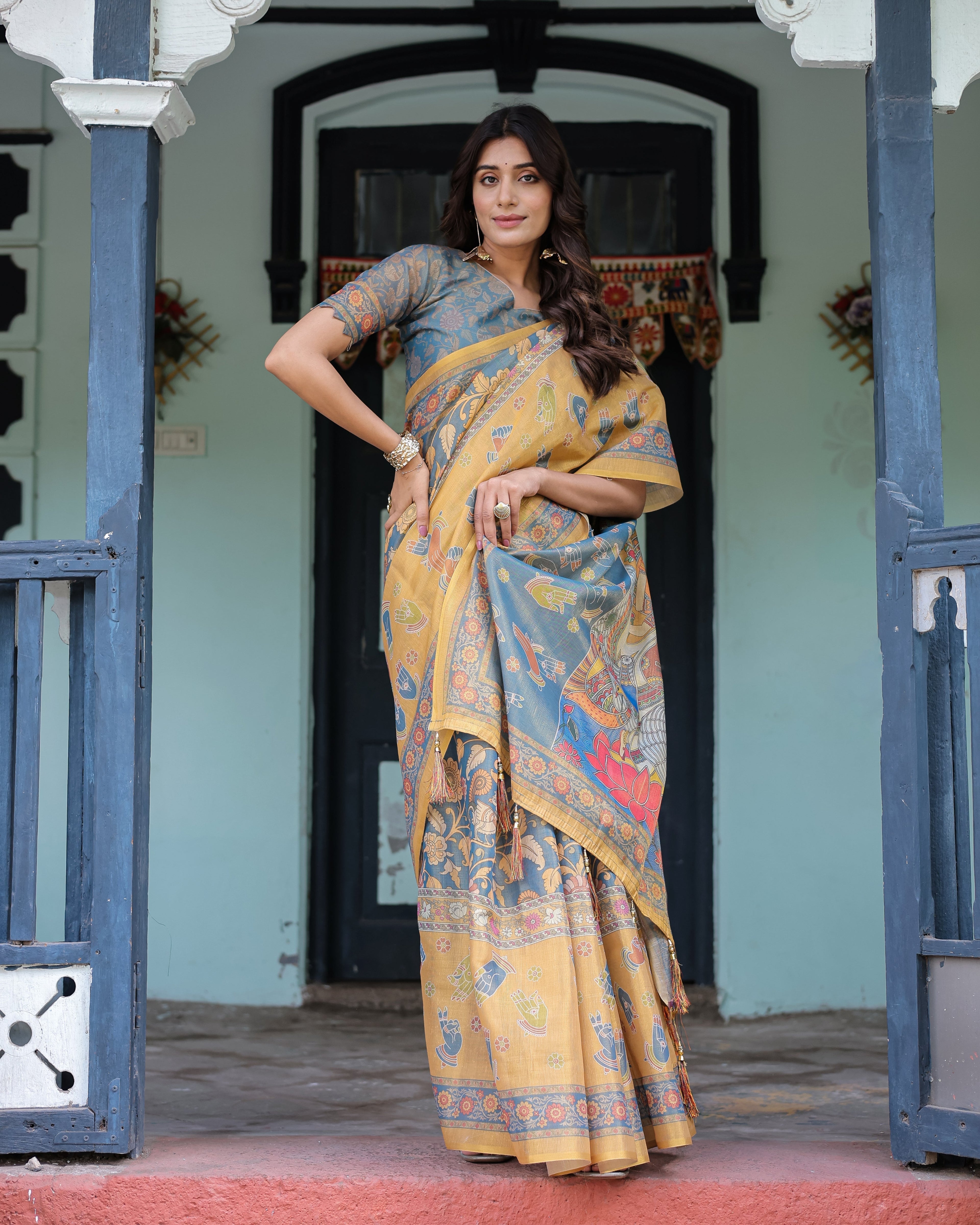 Mustard Blue Handloom Cotton Saree with Mudra Motifs & Goddess Saraswati Pallu