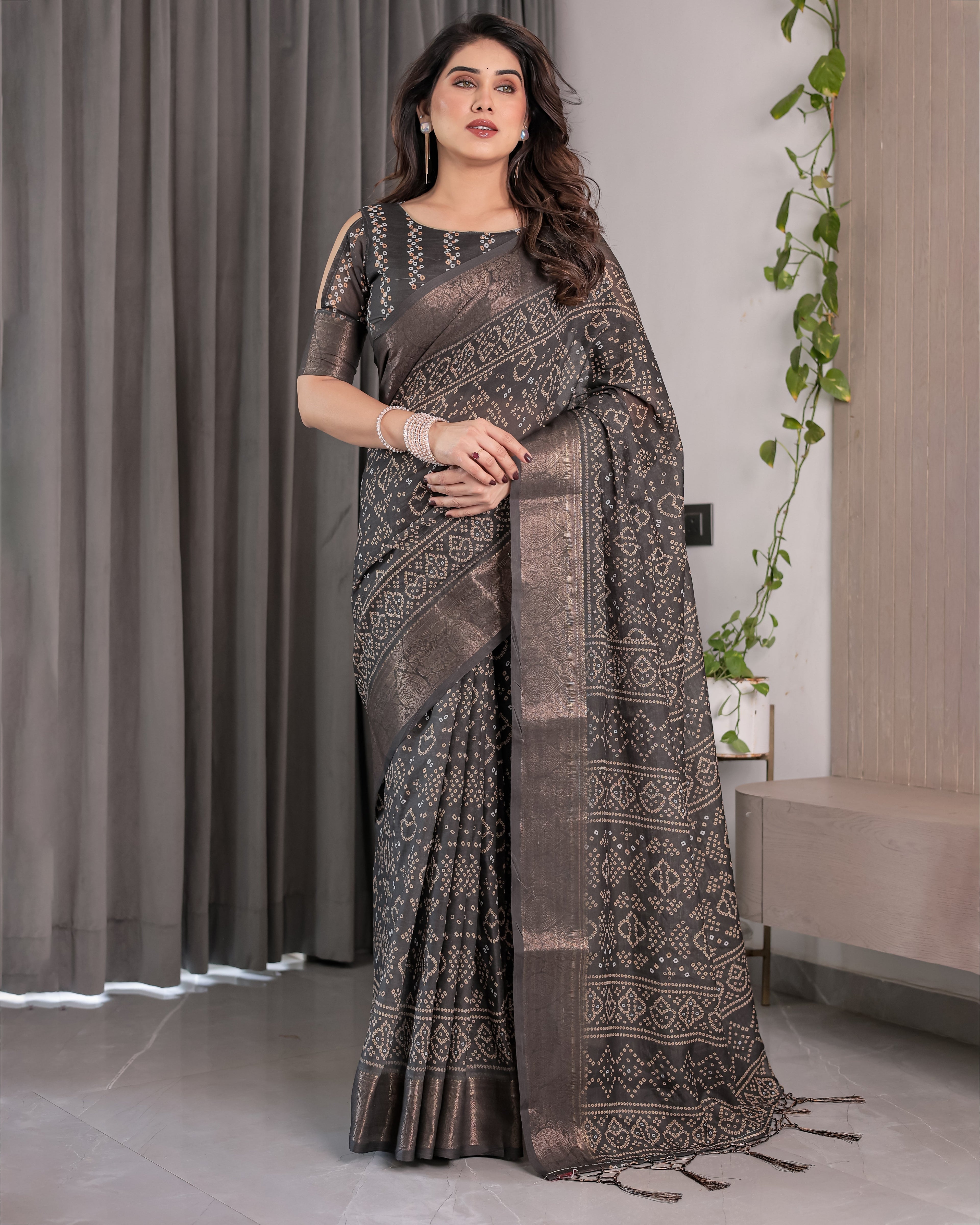 Charcoal Black Handloom Linen Saree with Ivory Tribal Bandhani Print & Zari Border | Tassel Pallu | 5.5m Saree + 0.8m Blouse