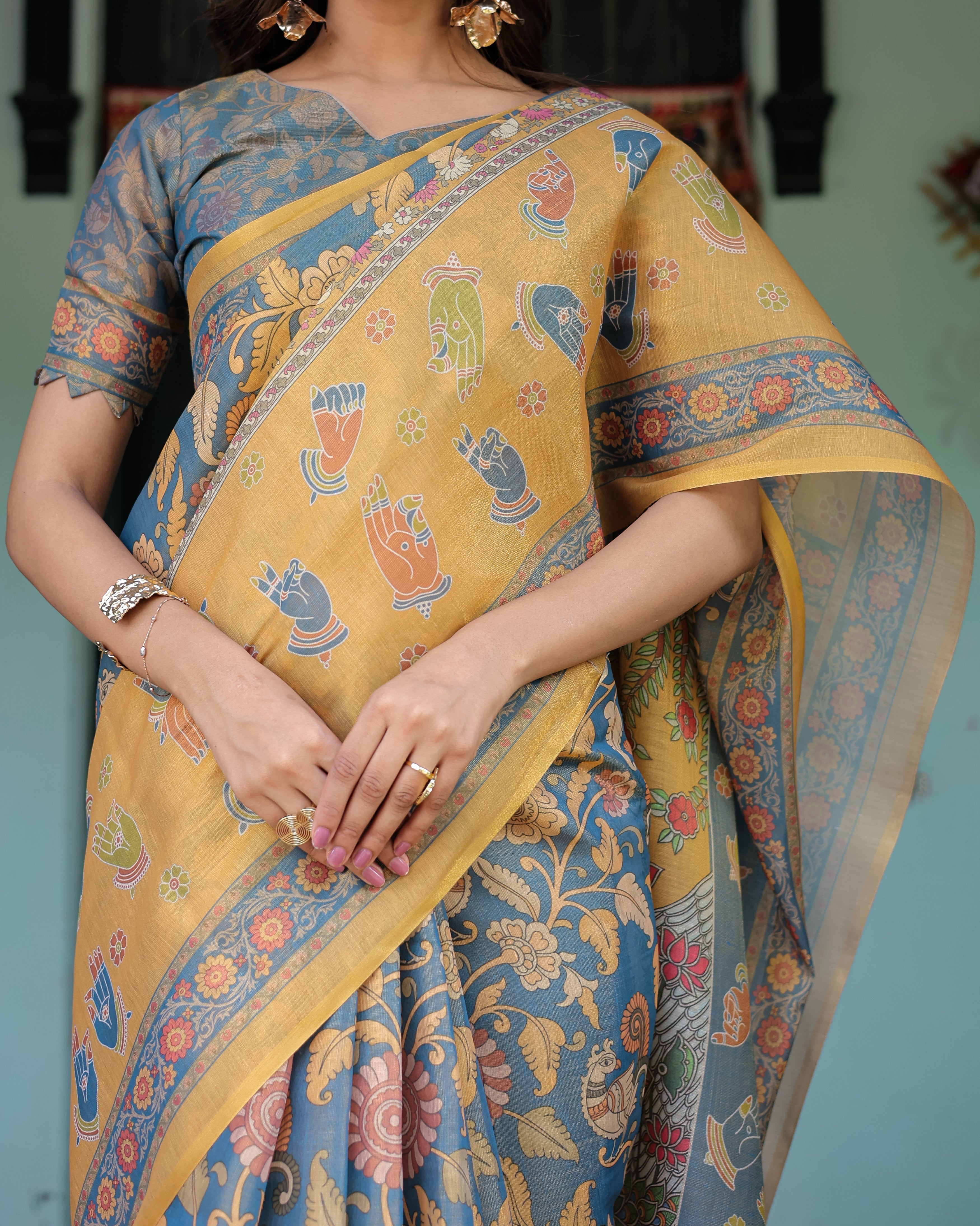 Mustard Blue Handloom Cotton Saree with Mudra Motifs & Goddess Saraswati Pallu