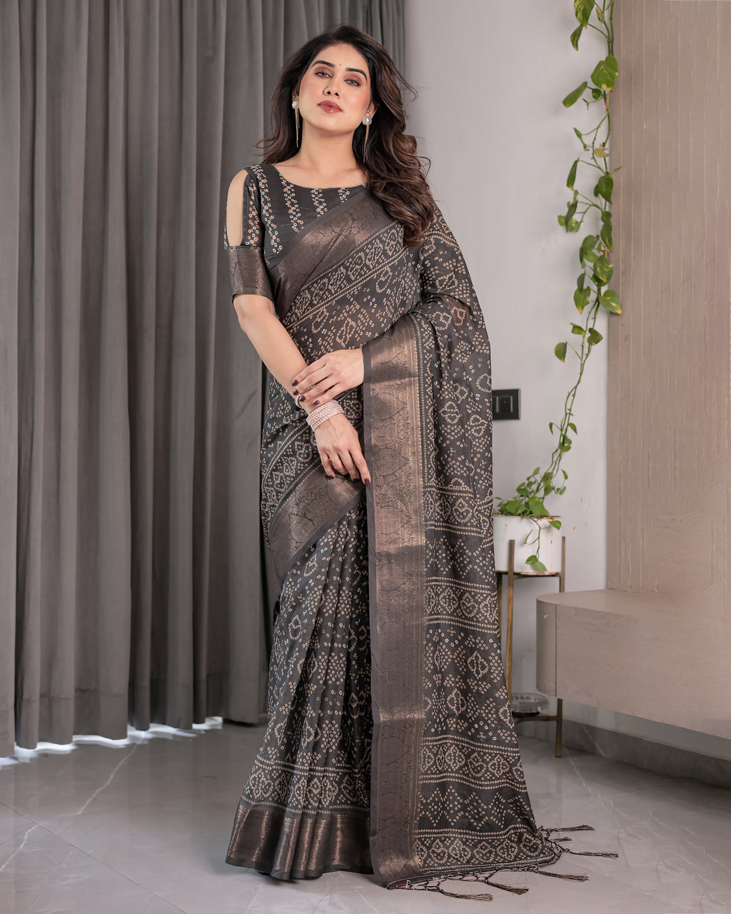 Charcoal Black Handloom Linen Saree with Ivory Tribal Bandhani Print & Zari Border | Tassel Pallu | 5.5m Saree + 0.8m Blouse