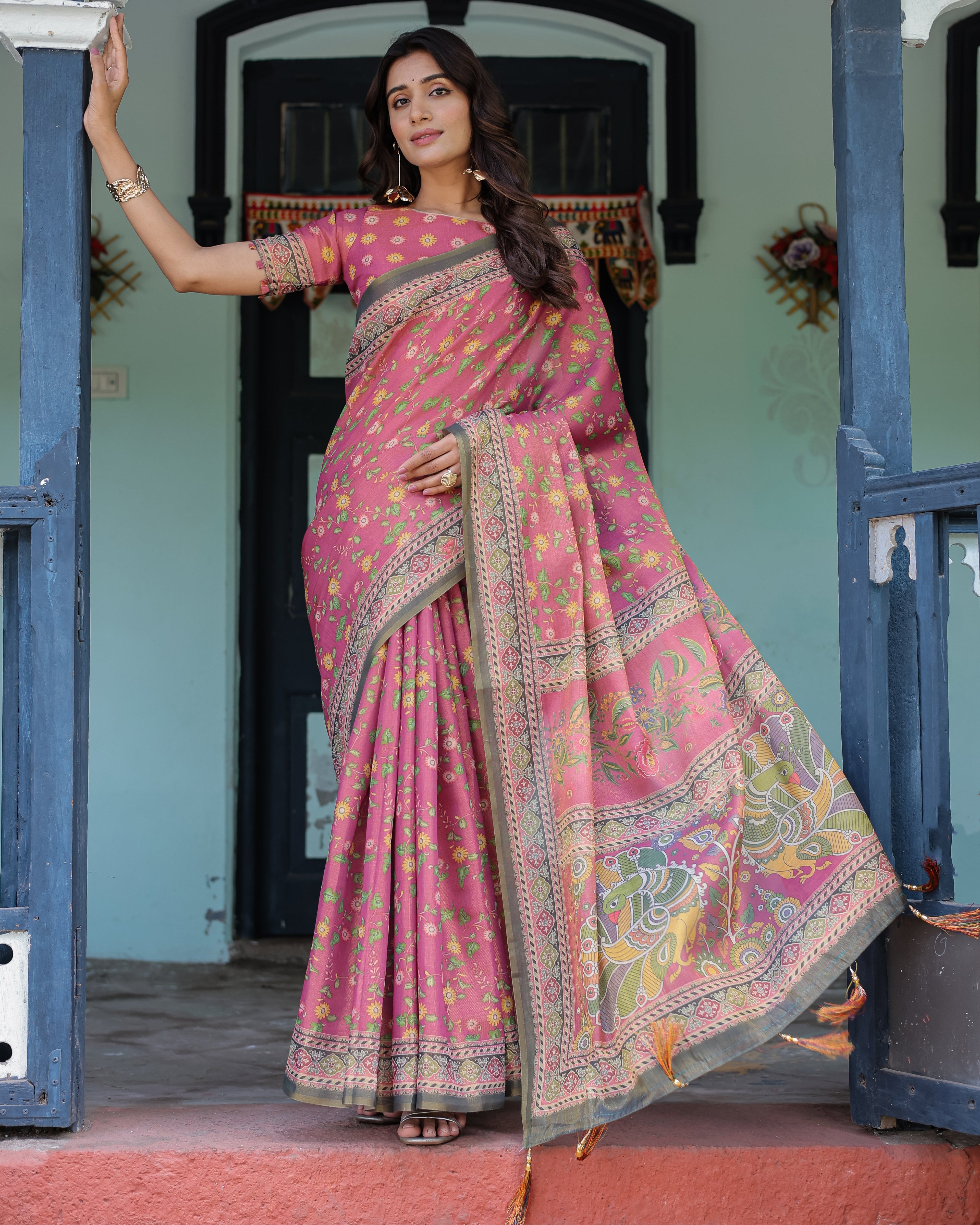 Rani Pink Handloom Cotton Saree with Yellow Floral Print & Royal Horse Pallu