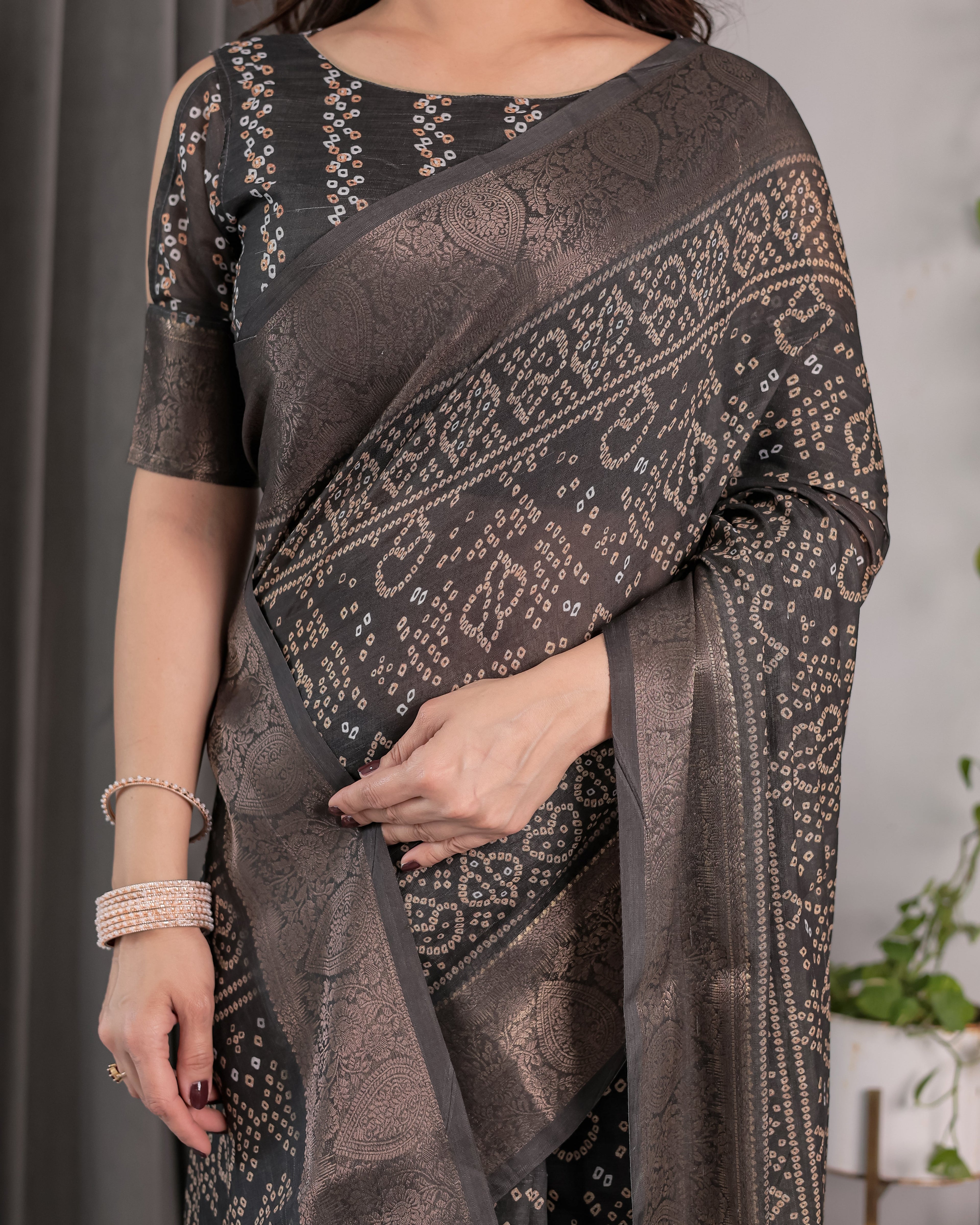 Charcoal Black Handloom Linen Saree with Ivory Tribal Bandhani Print & Zari Border | Tassel Pallu | 5.5m Saree + 0.8m Blouse