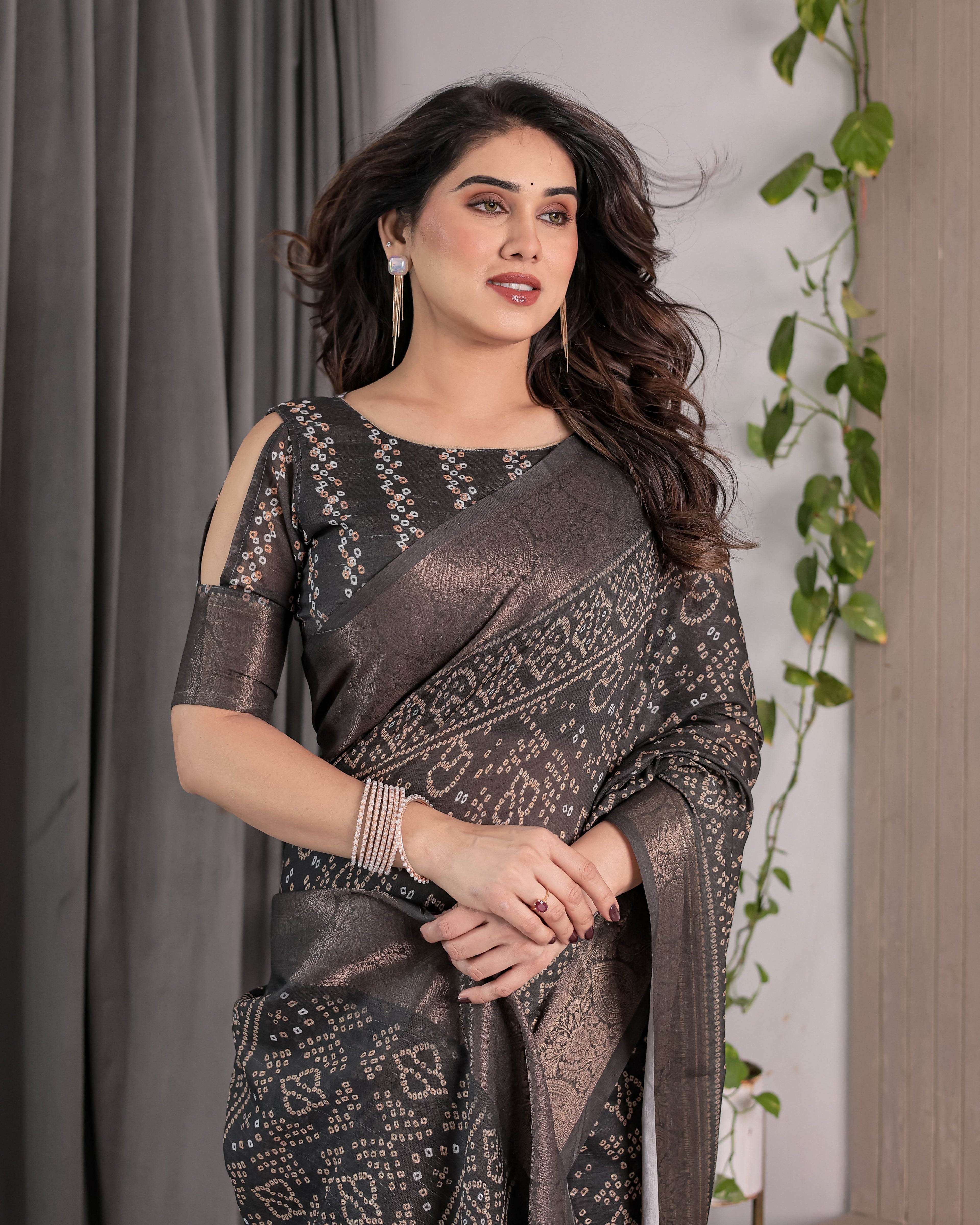 Charcoal Black Handloom Linen Saree with Ivory Tribal Bandhani Print & Zari Border | Tassel Pallu | 5.5m Saree + 0.8m Blouse