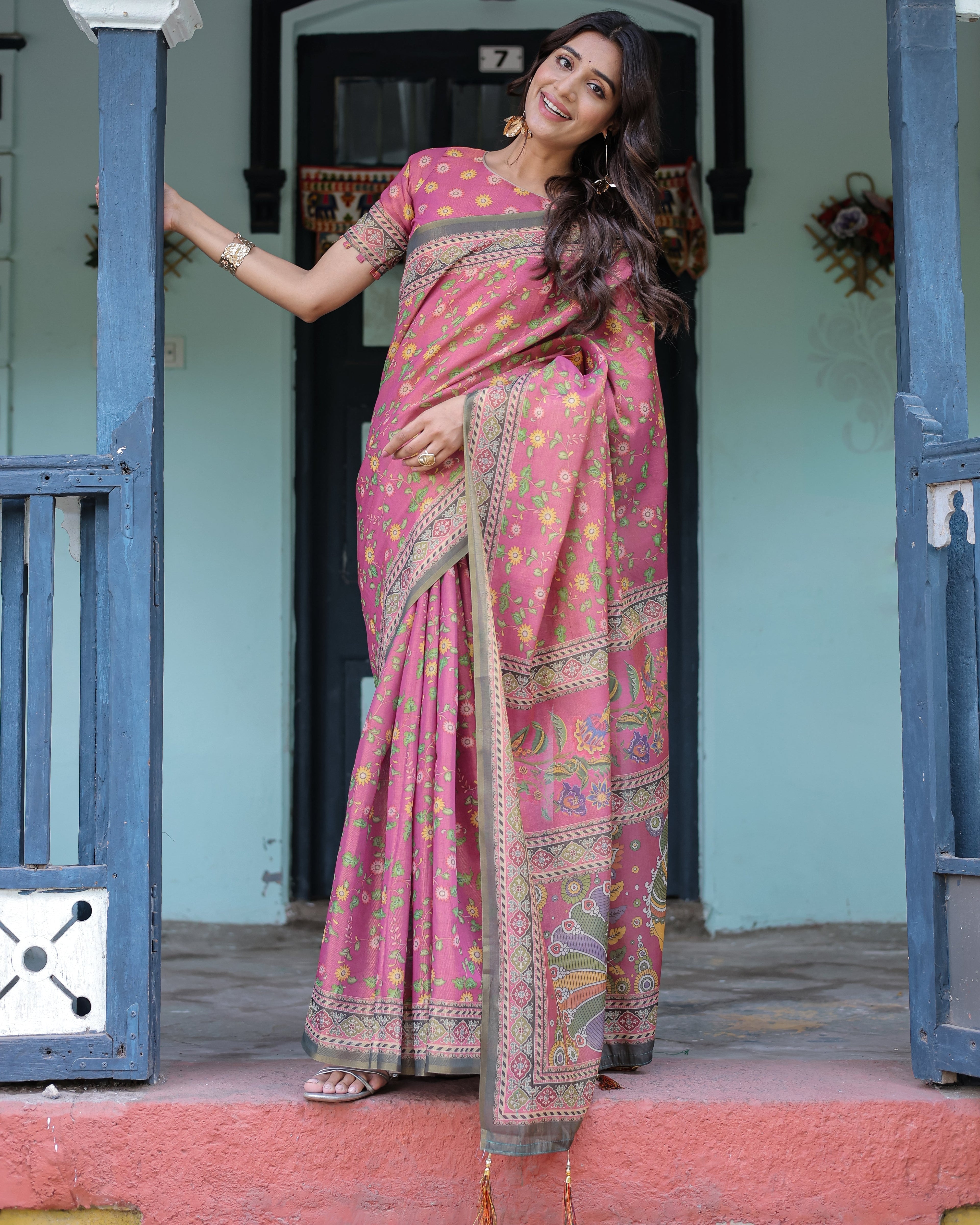 Rani Pink Handloom Cotton Saree with Yellow Floral Print & Royal Horse Pallu