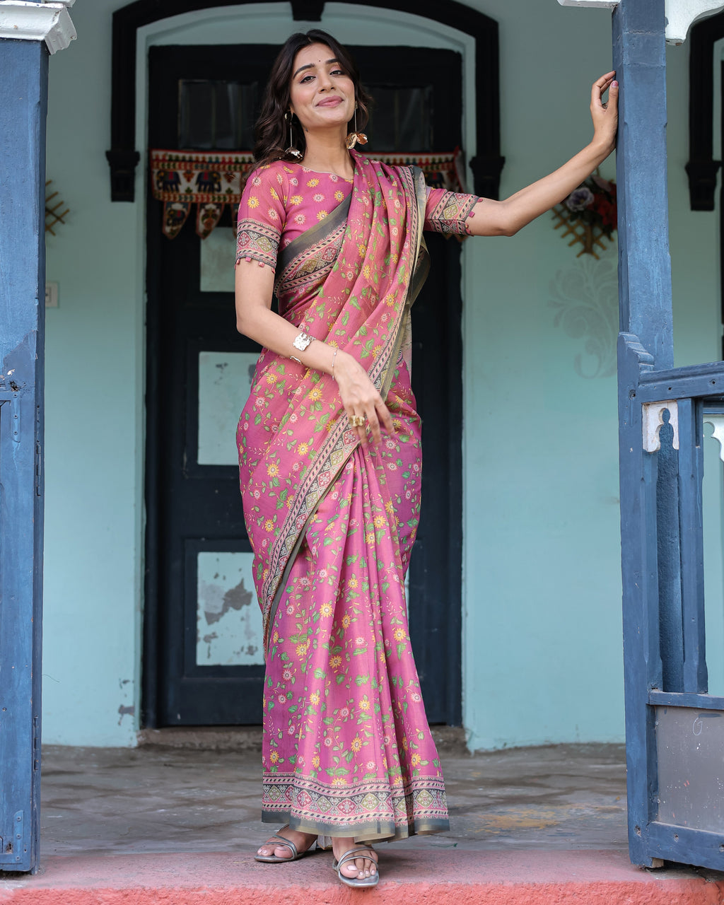 Rani Pink Handloom Cotton Saree with Yellow Floral Print & Royal Horse Pallu