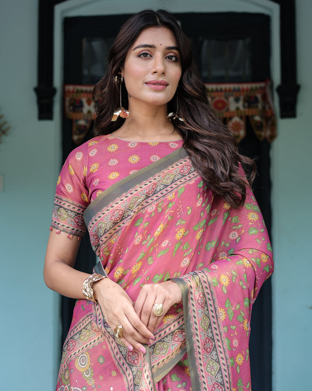 Rani Pink Handloom Cotton Saree with Yellow Floral Print & Royal Horse Pallu