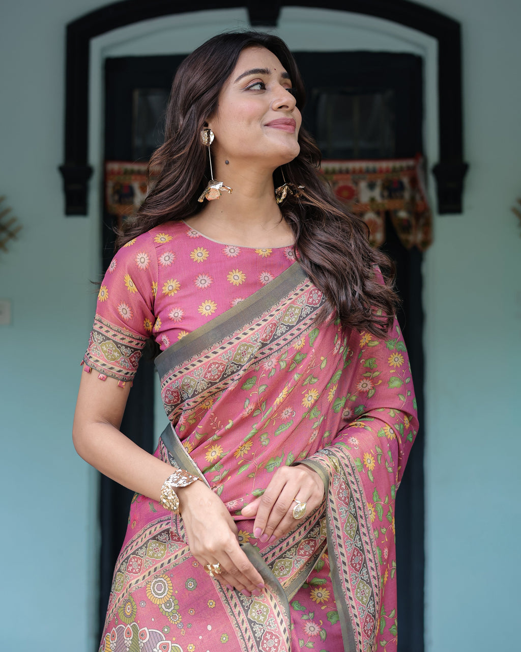 Rani Pink Handloom Cotton Saree with Yellow Floral Print & Royal Horse Pallu