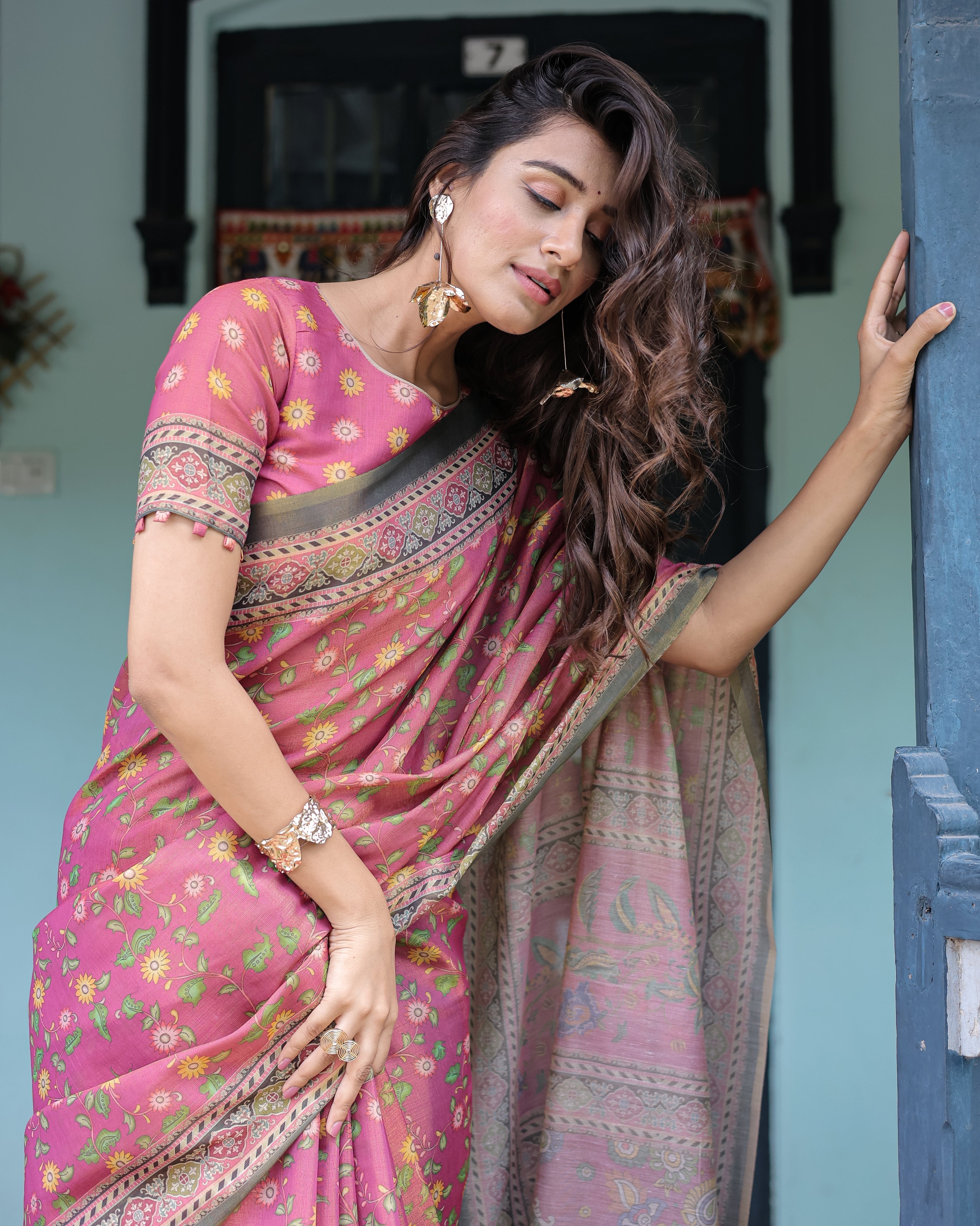 Rani Pink Handloom Cotton Saree with Yellow Floral Print & Royal Horse Pallu