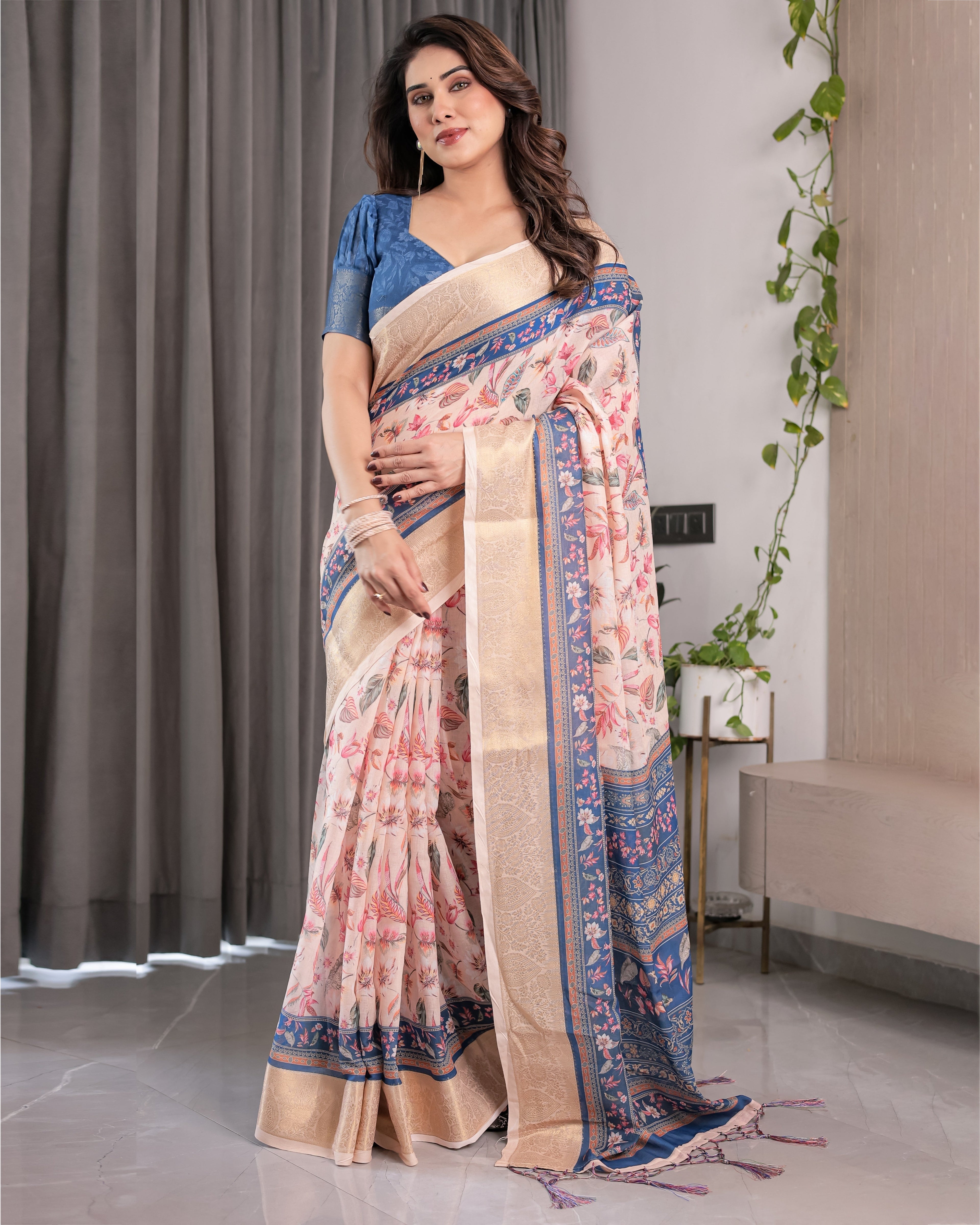 Ivory Pink Handloom Linen Saree with Multicolor Botanical Print & Navy Blue Pallu | Gold Zari Border & Tassel Detailing | 5.5m Saree + 0.8m Blouse