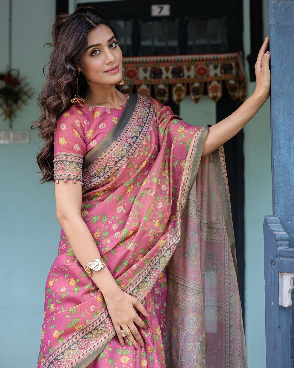 Rani Pink Handloom Cotton Saree with Yellow Floral Print & Royal Horse Pallu