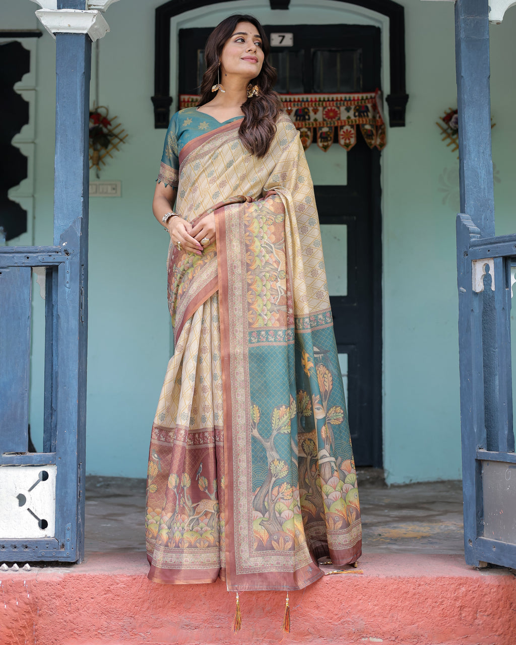 Beige Teal Handloom Cotton Saree with Diamond Buti Print & Enchanted Deer Forest Pallu