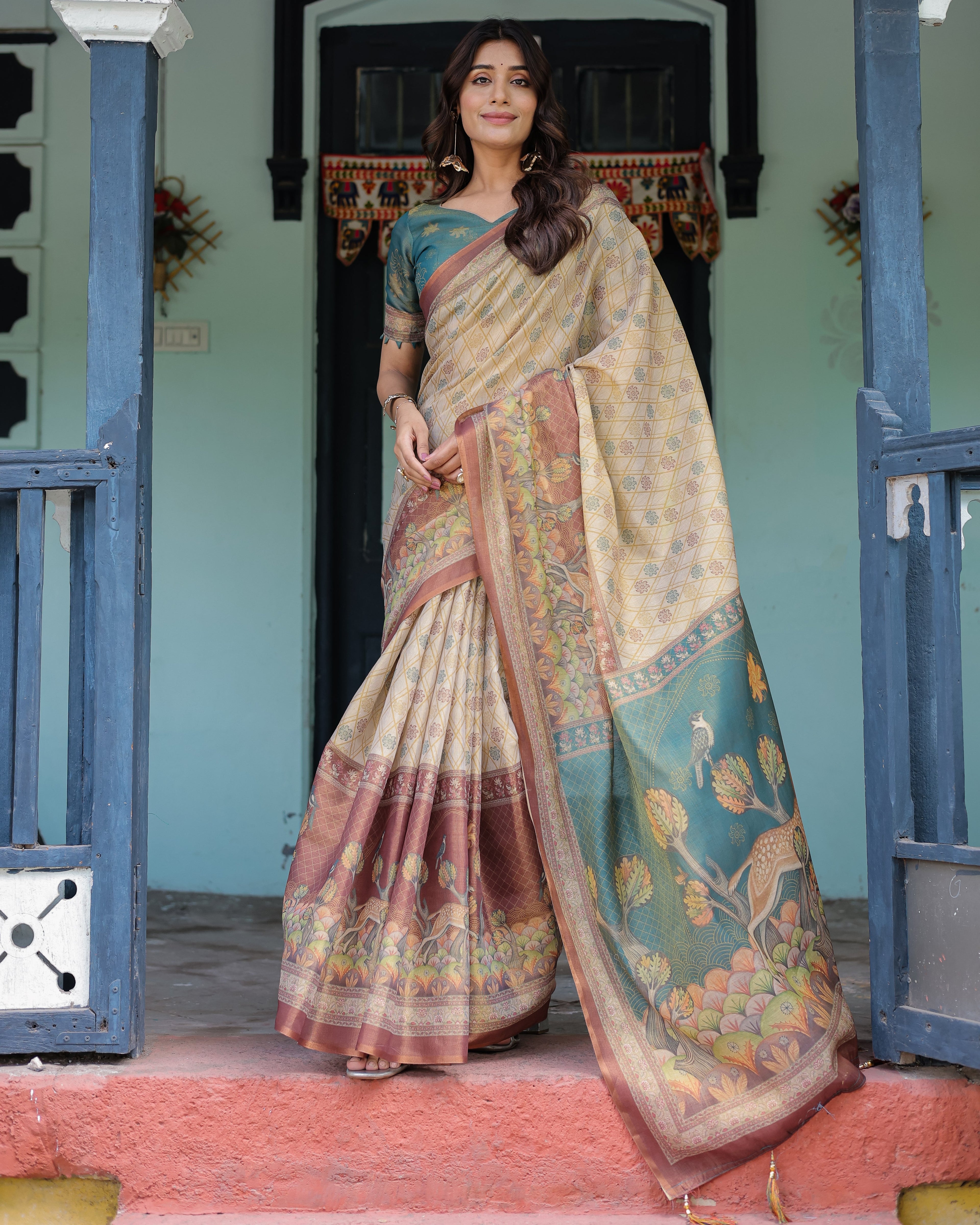 Beige Teal Handloom Cotton Saree with Diamond Buti Print & Enchanted Deer Forest Pallu