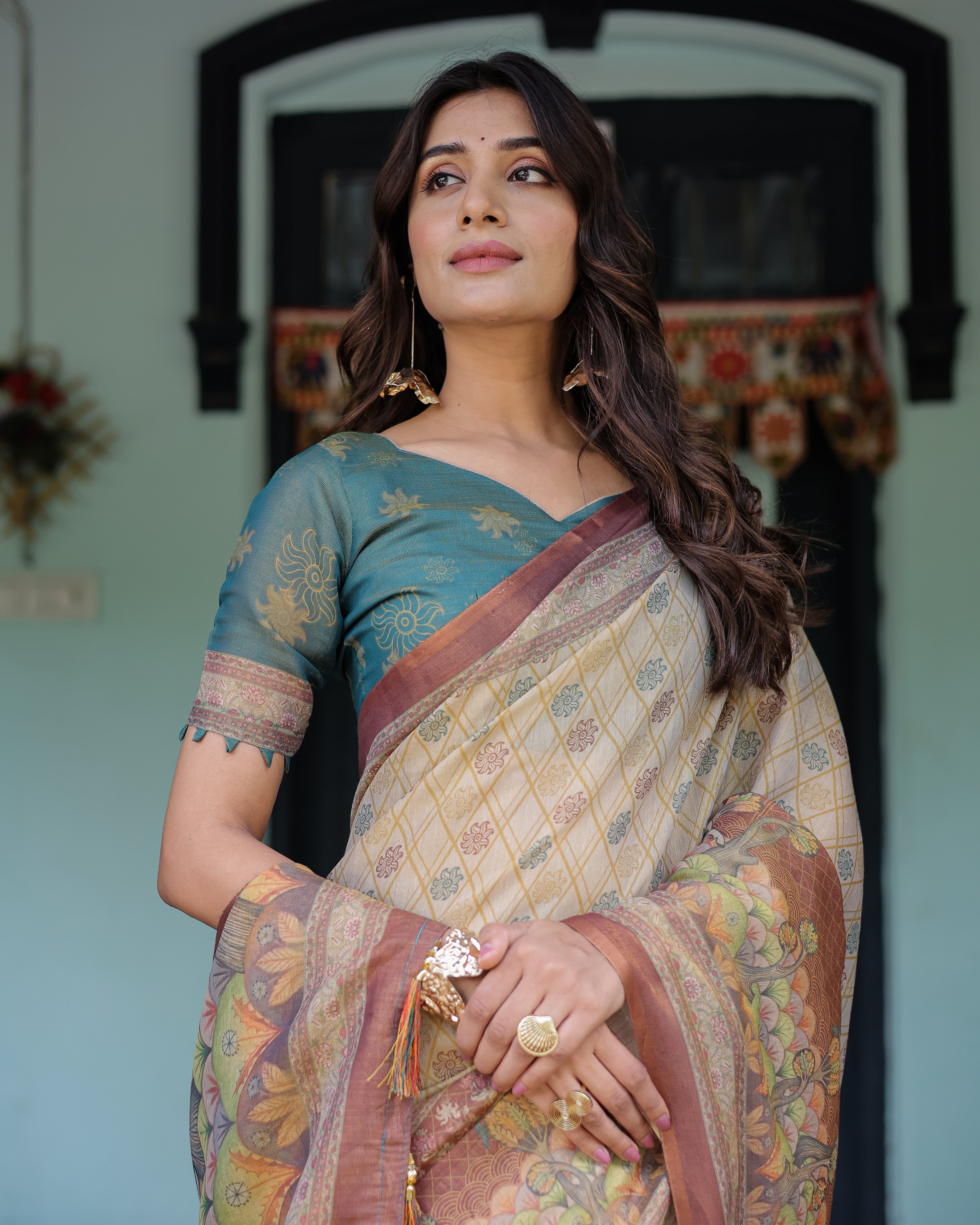 Beige Teal Handloom Cotton Saree with Diamond Buti Print & Enchanted Deer Forest Pallu