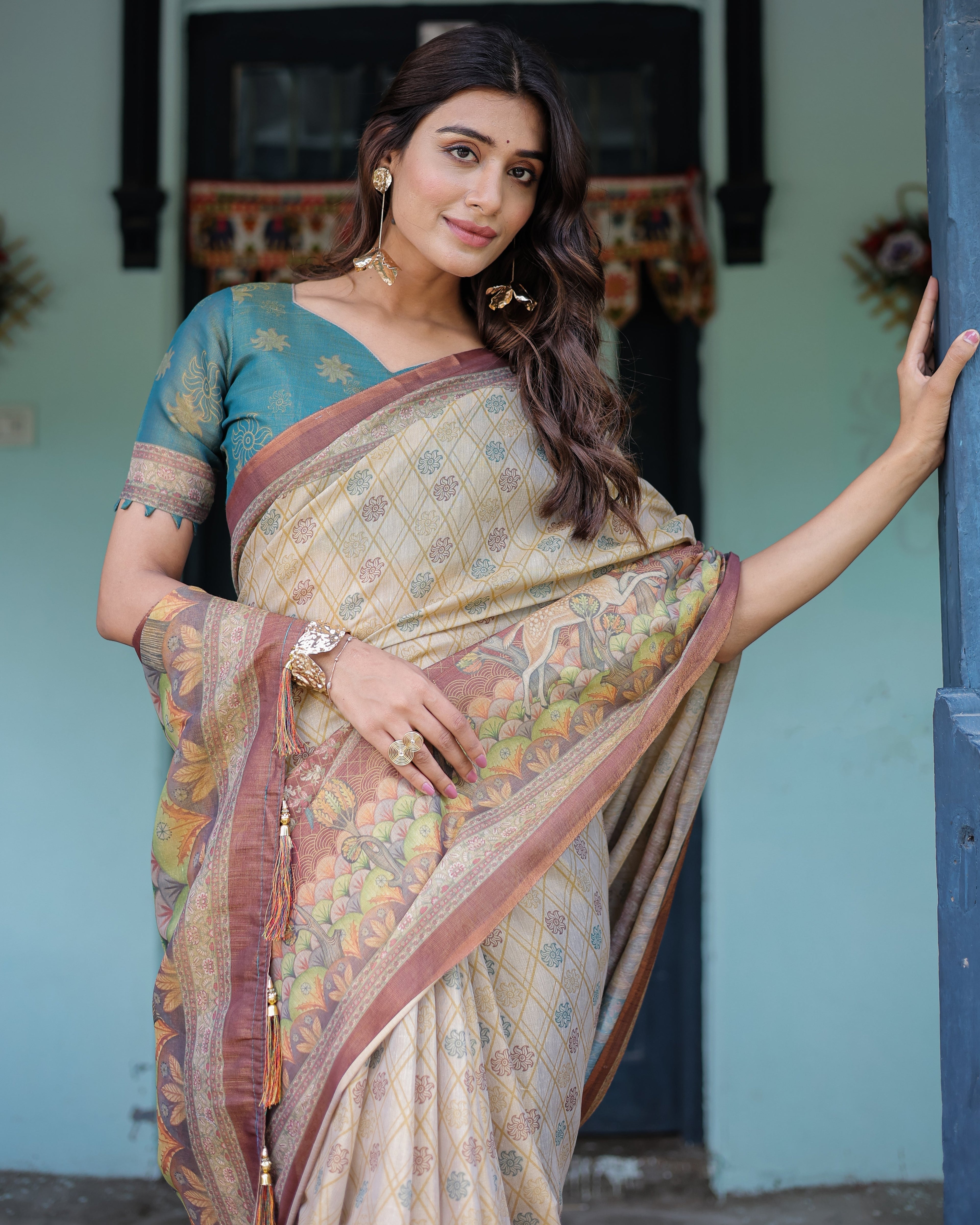 Beige Teal Handloom Cotton Saree with Diamond Buti Print & Enchanted Deer Forest Pallu