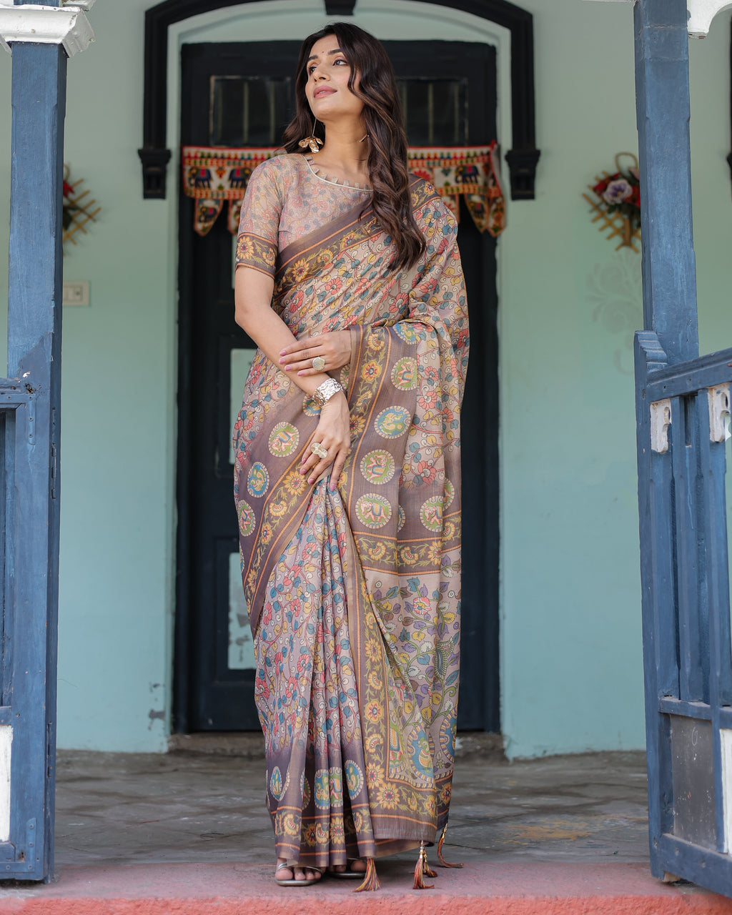 Mauve Beige Handloom Cotton Saree with Pastel Floral Print & Royal Tree-Elephant Pallu