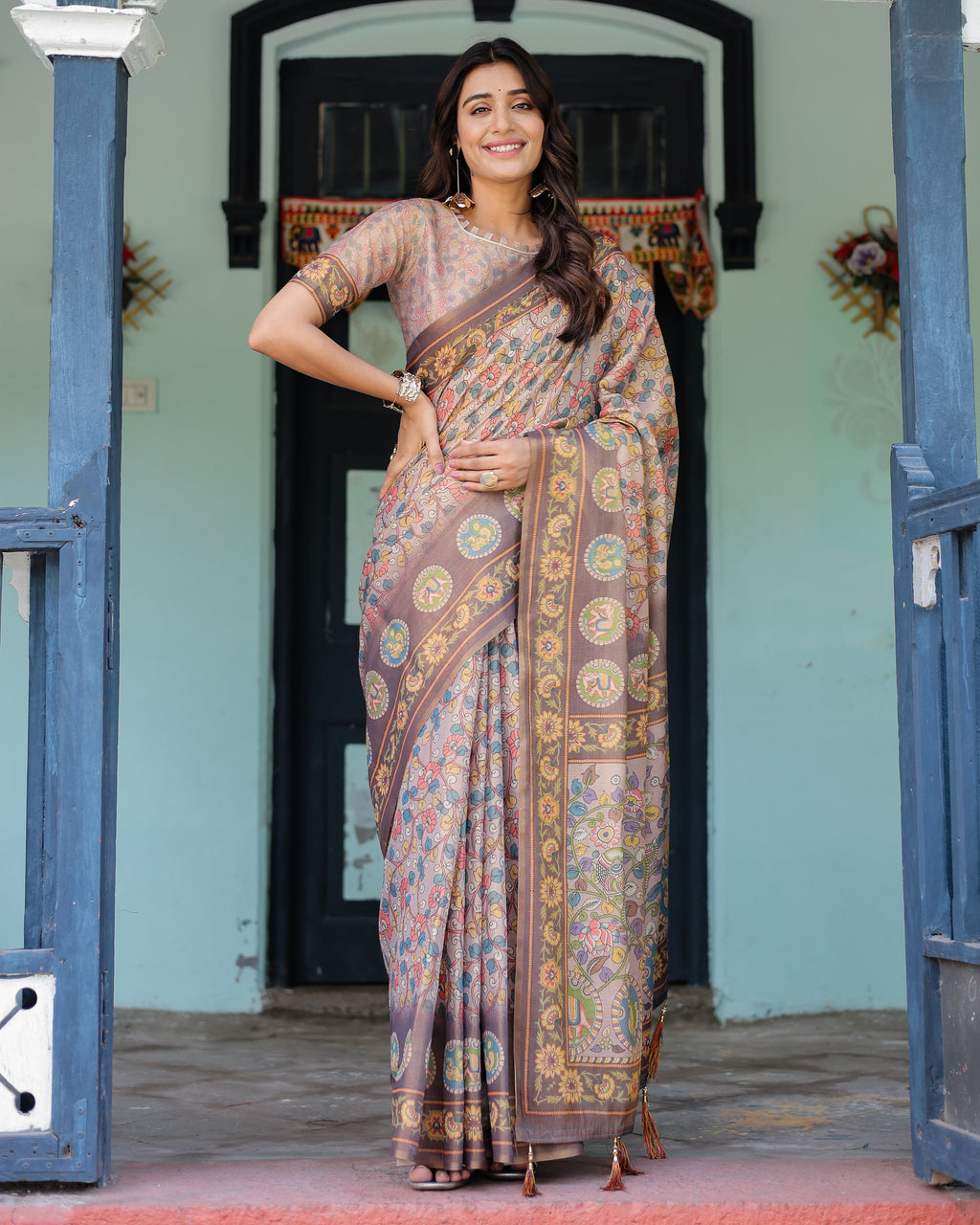 Mauve Beige Handloom Cotton Saree with Pastel Floral Print & Royal Tree-Elephant Pallu
