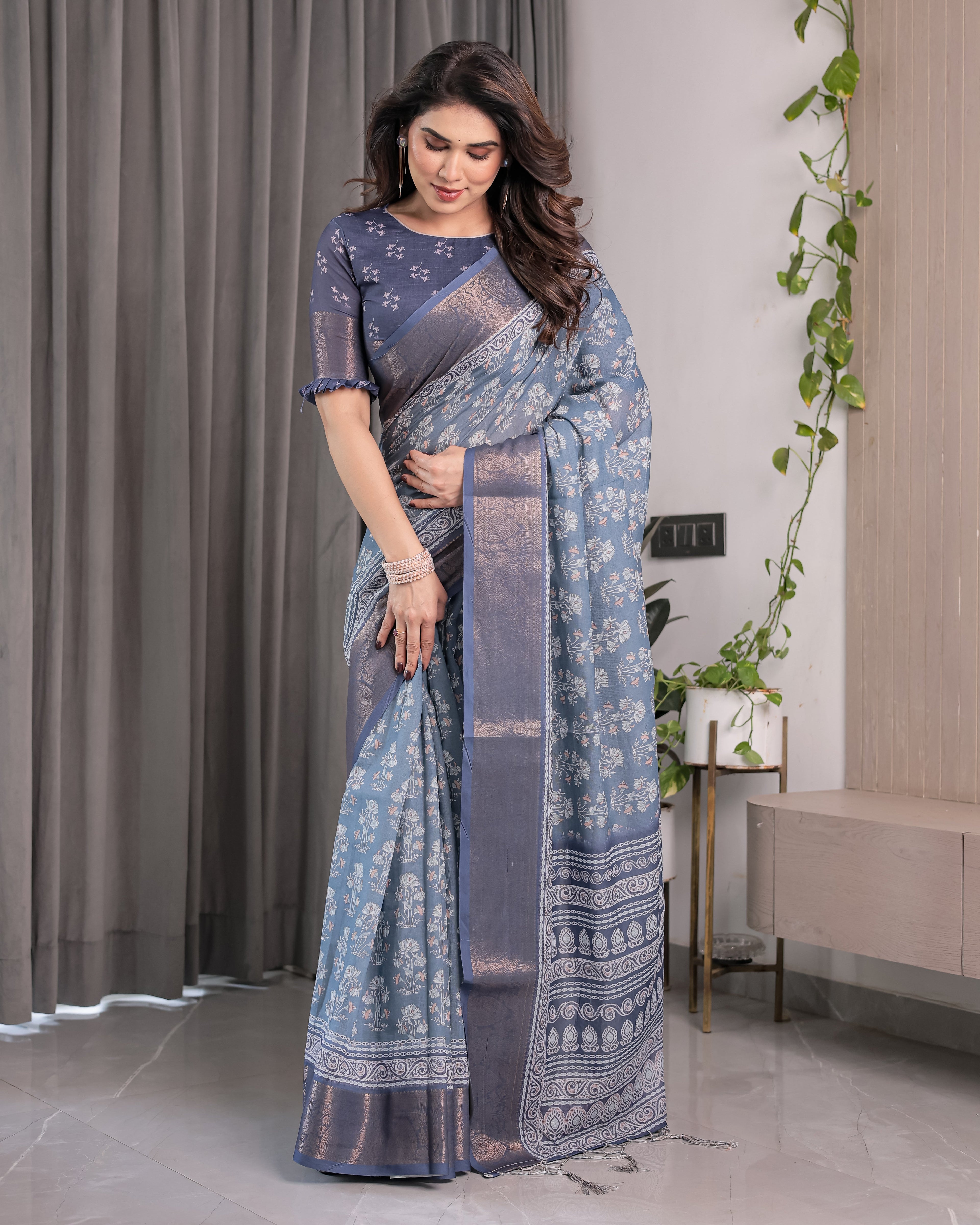 Slate Blue Handloom Linen Floral Printed Saree with Zari Border & Paisley Pallu | 5.5m Saree with 0.8m Blouse Piece | Tassel Finish