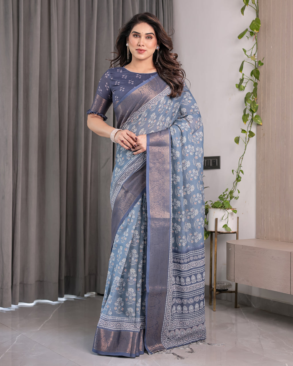 Slate Blue Handloom Linen Floral Printed Saree with Zari Border & Paisley Pallu | 5.5m Saree with 0.8m Blouse Piece | Tassel Finish