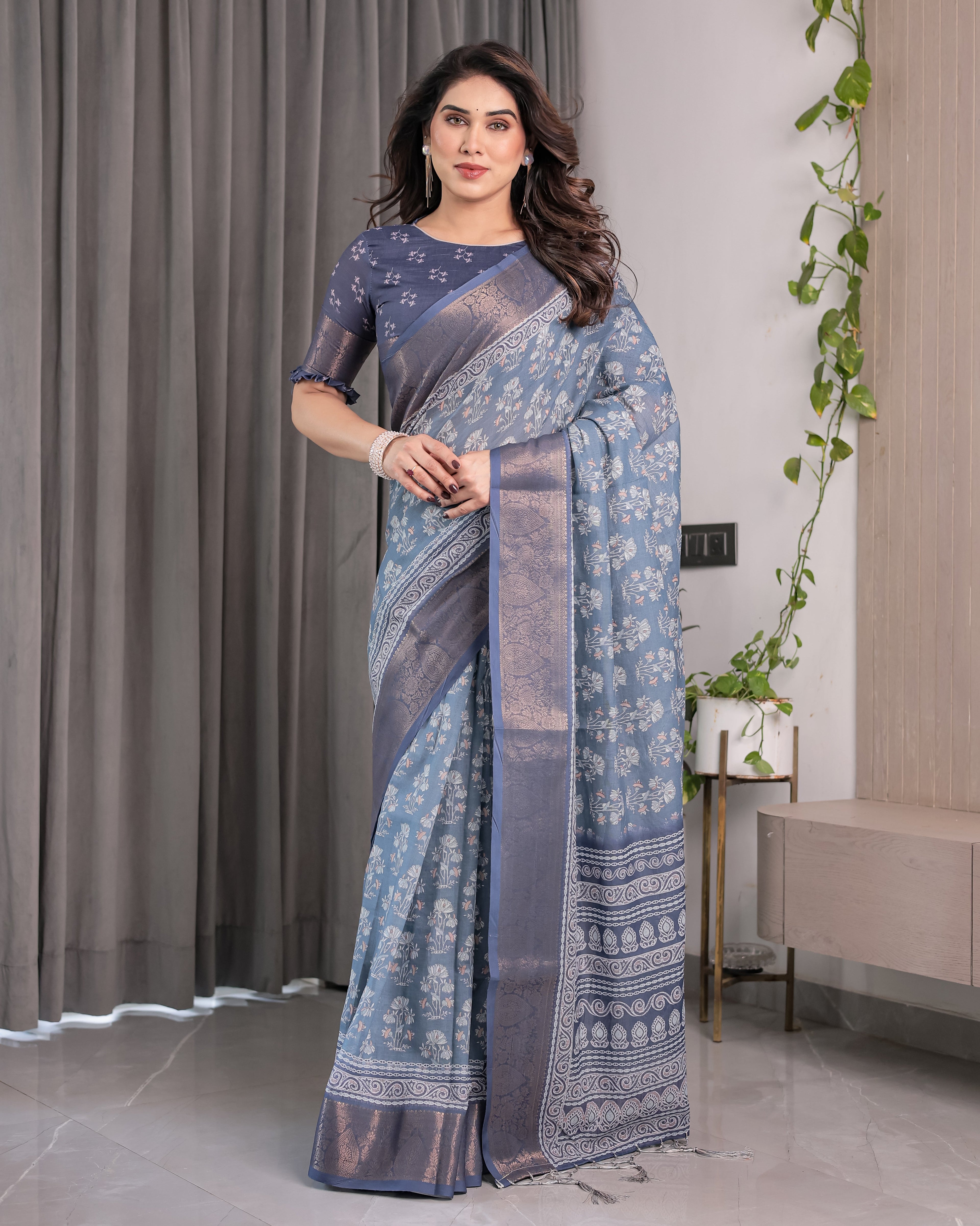 Slate Blue Handloom Linen Floral Printed Saree with Zari Border & Paisley Pallu | 5.5m Saree with 0.8m Blouse Piece | Tassel Finish