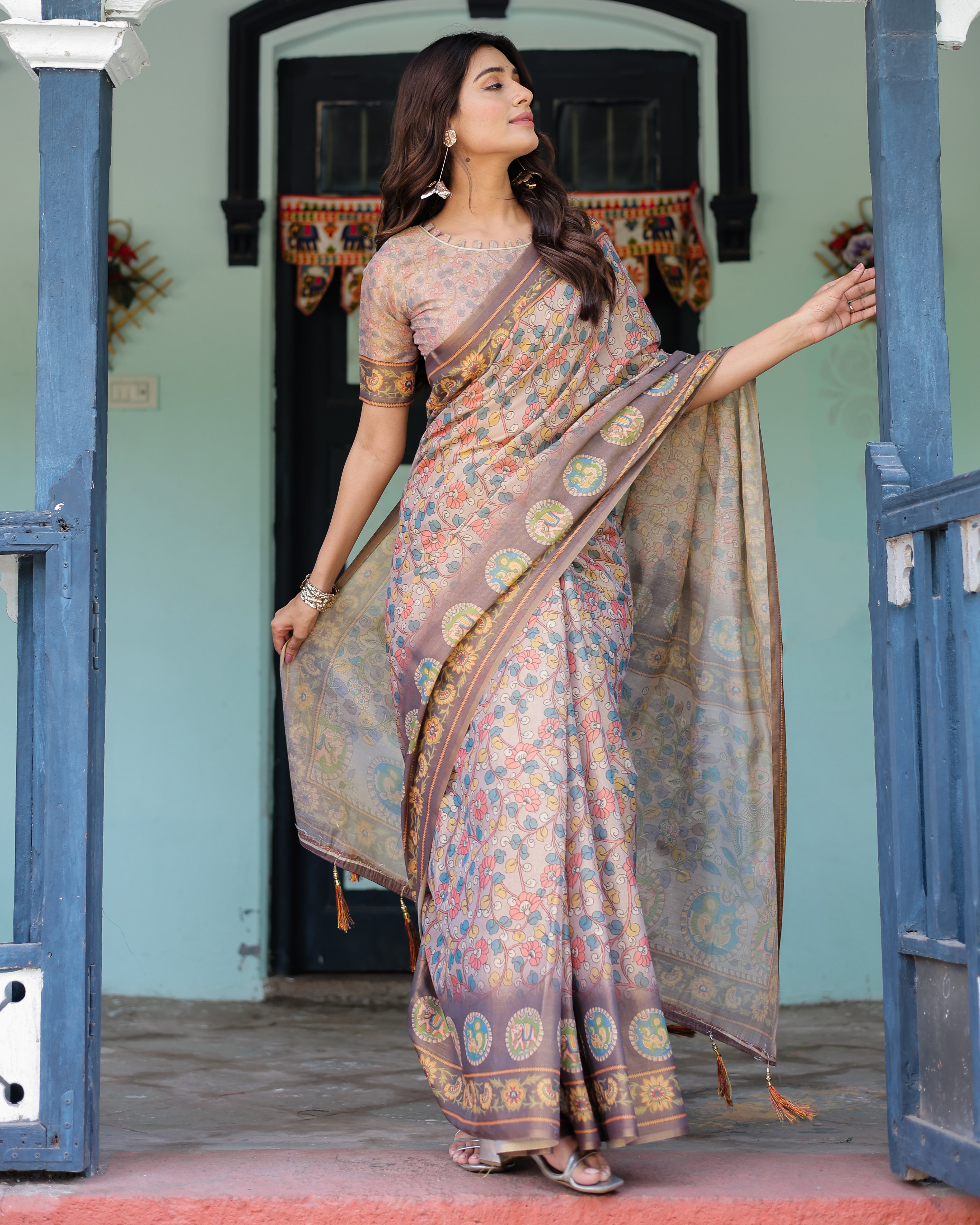 Mauve Beige Handloom Cotton Saree with Pastel Floral Print & Royal Tree-Elephant Pallu