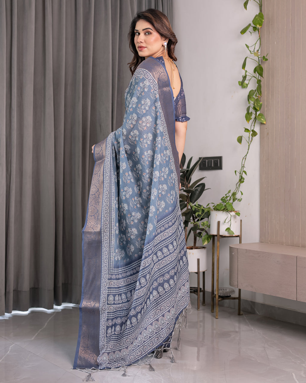 Slate Blue Handloom Linen Floral Printed Saree with Zari Border & Paisley Pallu | 5.5m Saree with 0.8m Blouse Piece | Tassel Finish