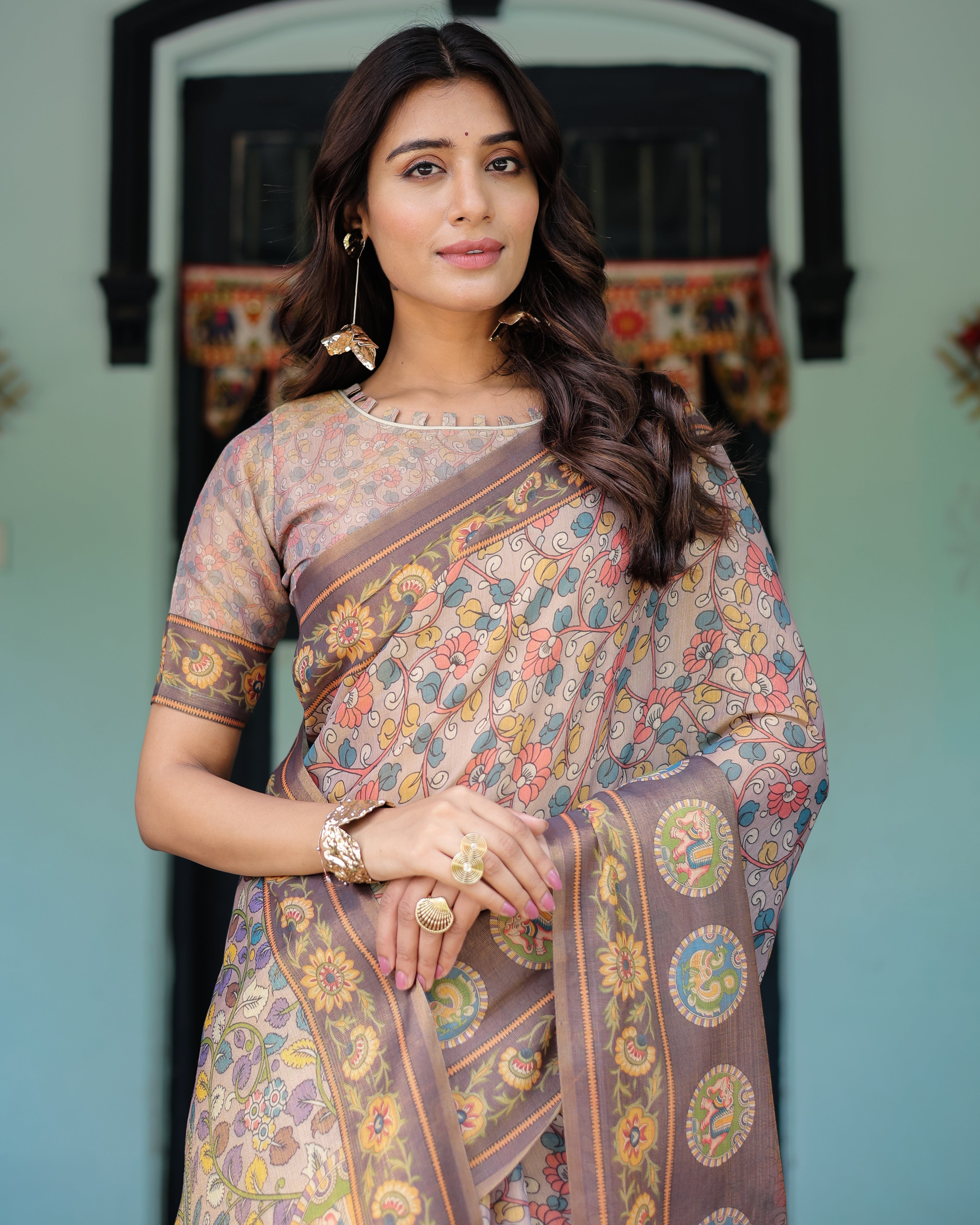 Mauve Beige Handloom Cotton Saree with Pastel Floral Print & Royal Tree-Elephant Pallu