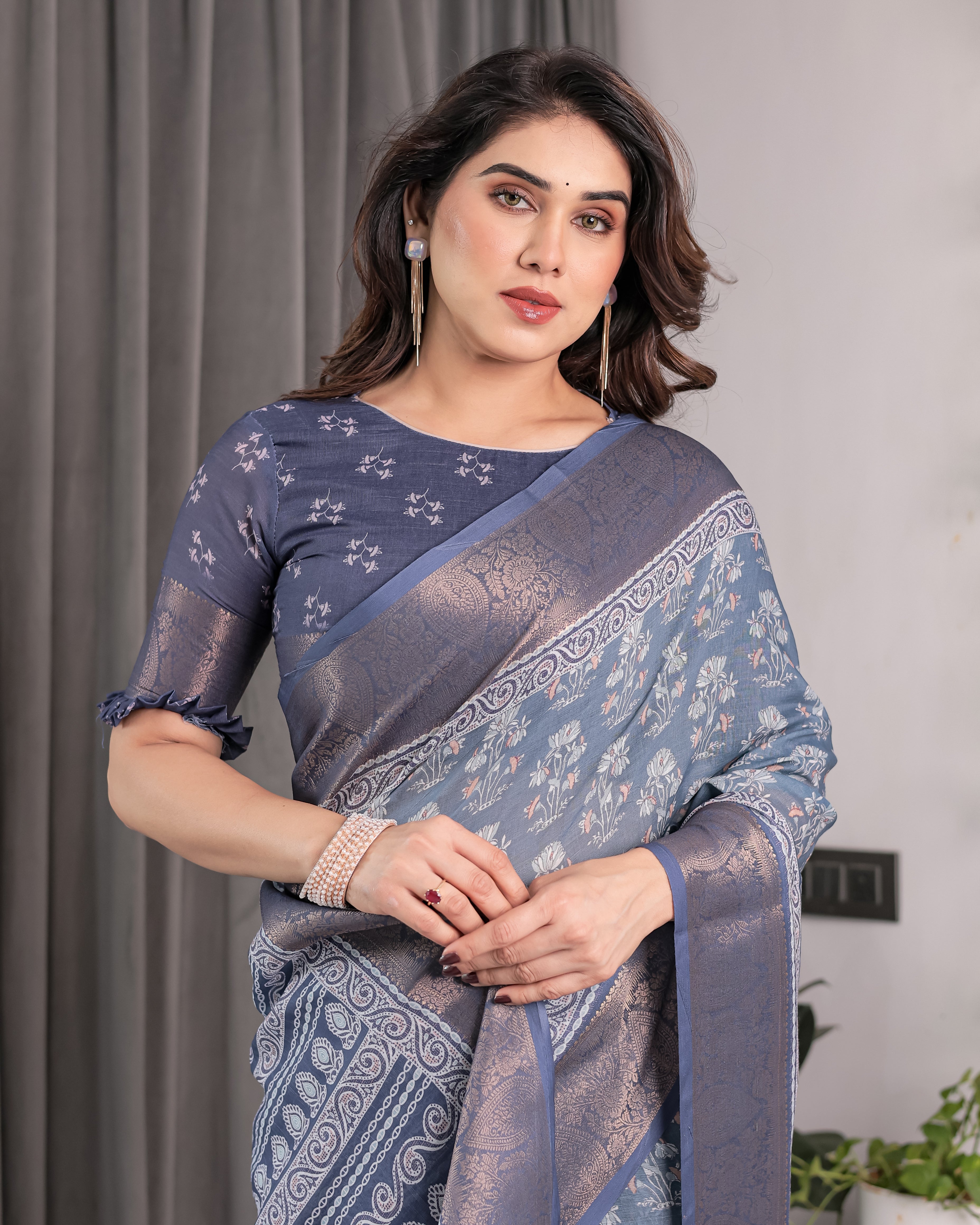 Slate Blue Handloom Linen Floral Printed Saree with Zari Border & Paisley Pallu | 5.5m Saree with 0.8m Blouse Piece | Tassel Finish